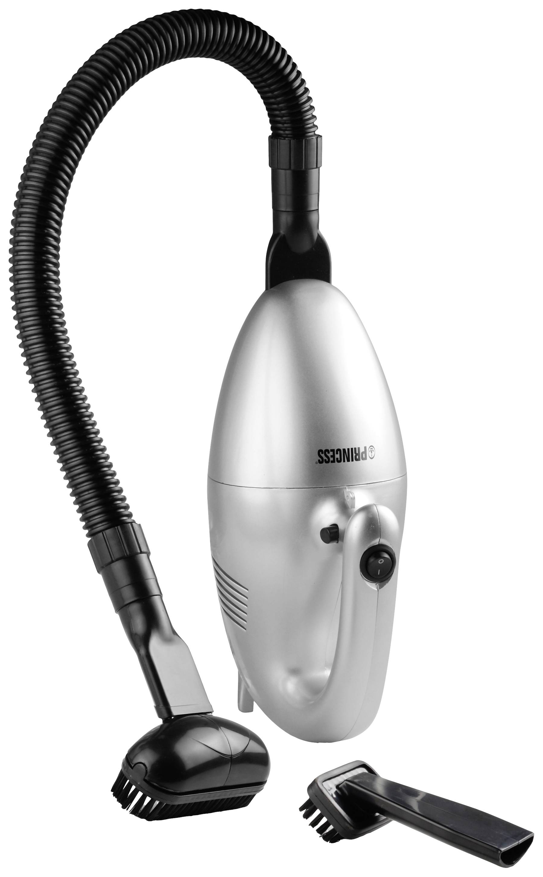 Silver, portable vacuum cleaner with flexible hose and two brush attachments. Designed for easy cleaning of surfaces.