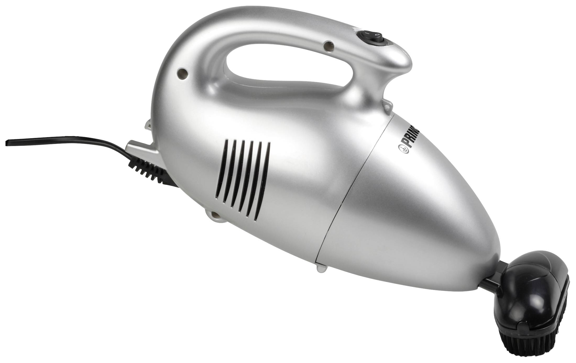A small, silver handheld vacuum cleaner with a black suction head and a power cord is pictured.