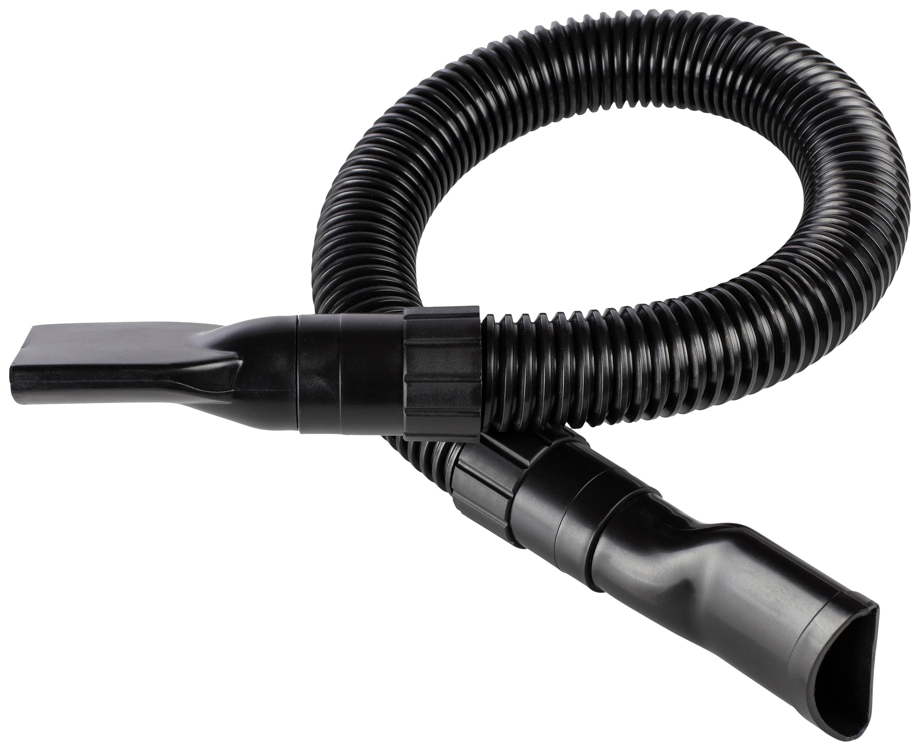 A vacuum cleaner hose with a flat nozzle attachment and corrugated flexible tube, suitable for hard-to-reach areas when cleaning.