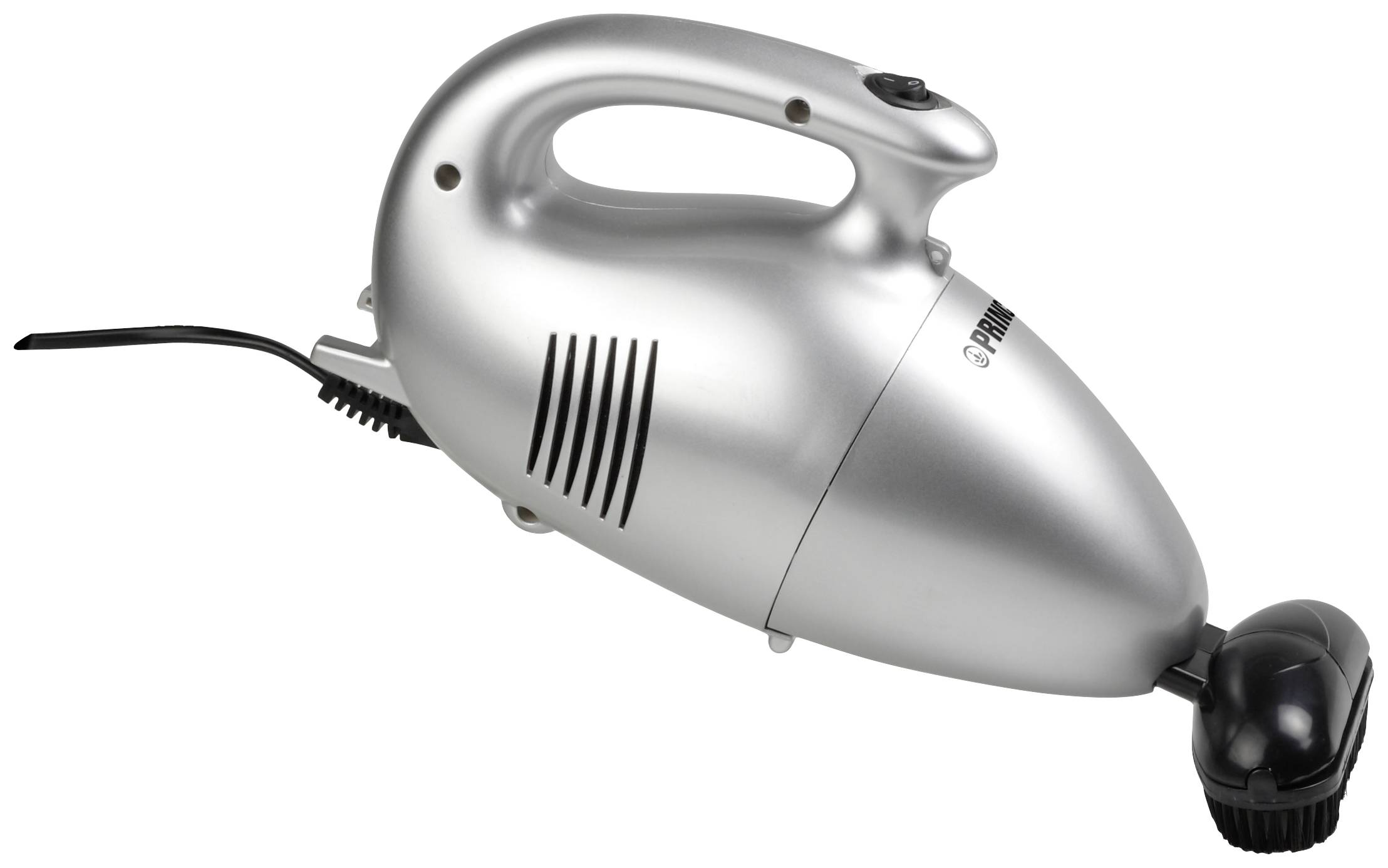 A small, silver handheld vacuum cleaner with a power cord and brush nozzle, suitable for cleaning small areas and hard-to-reach spaces.