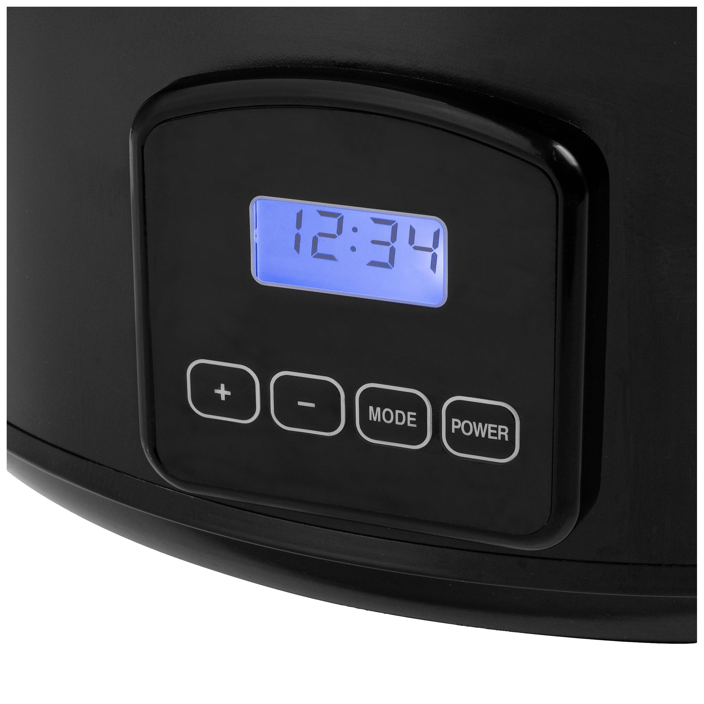 Digital display of a device shows the time '12:34'. Beneath the display are mode and power setting buttons.