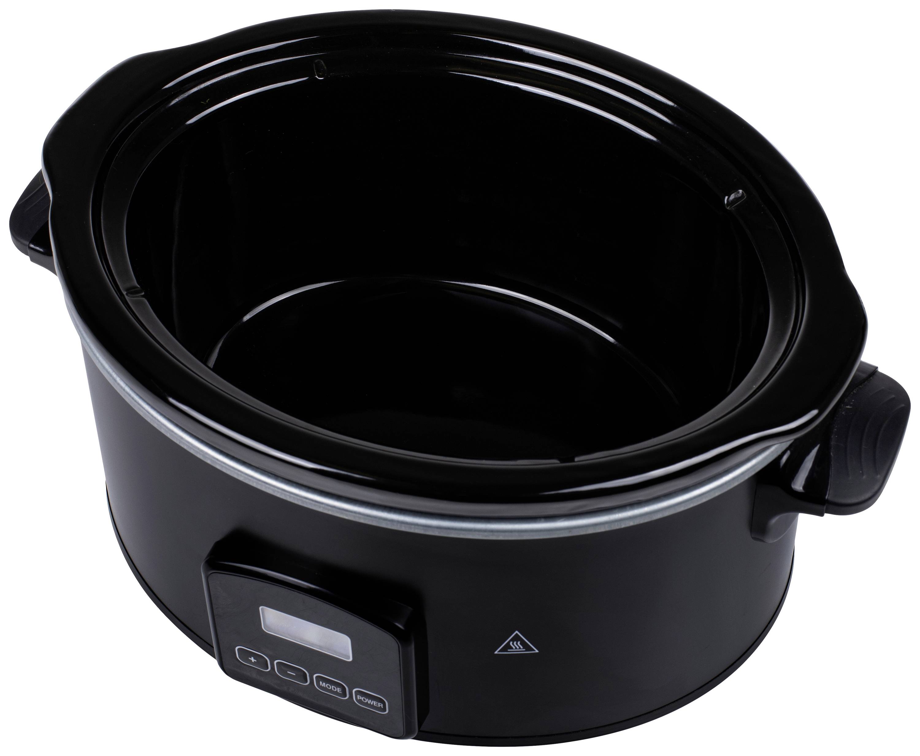 A black slow cooker with a digital display for temperature and time, suitable for slow cooking meals.