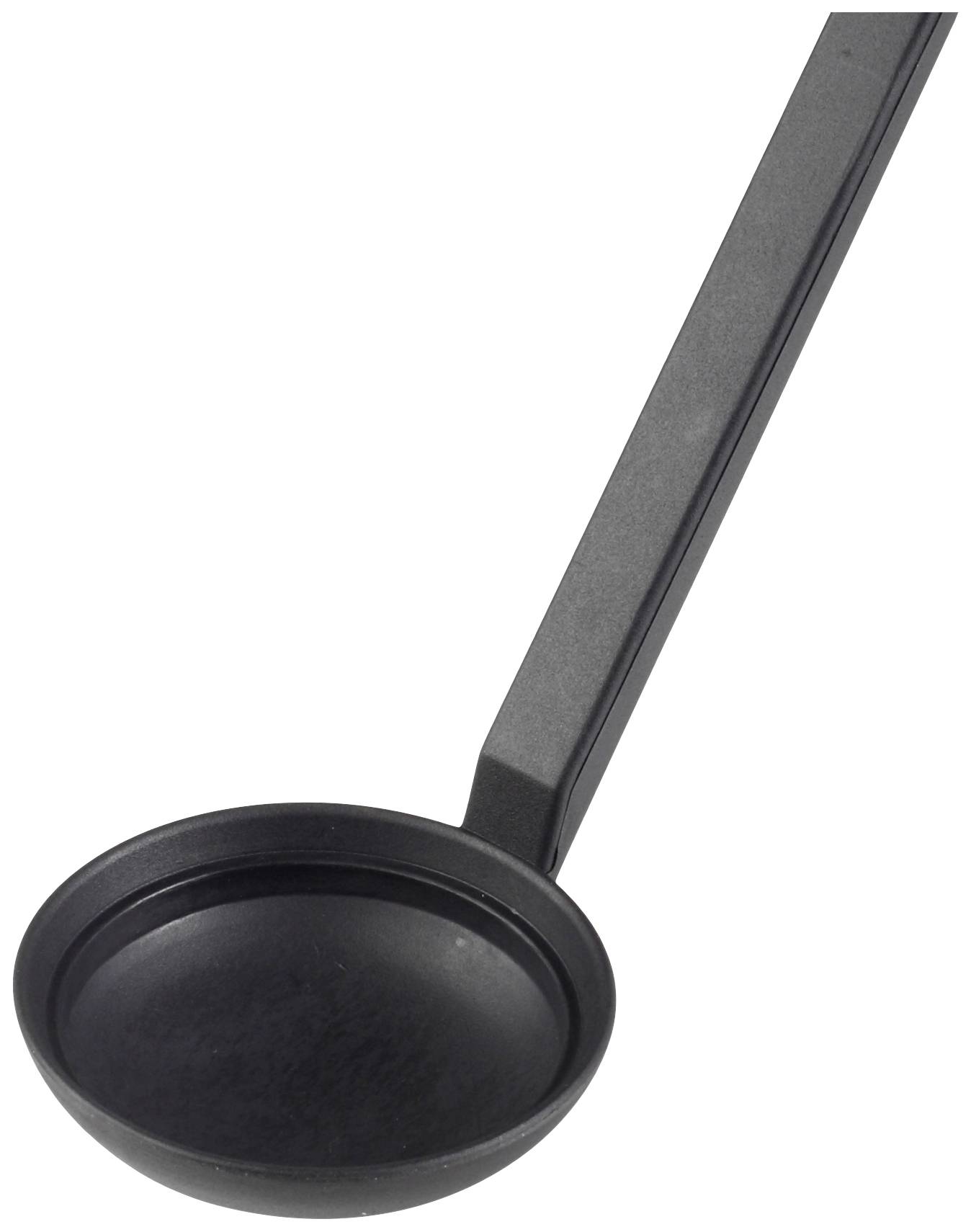 A black plastic sauce ladle with a long handle, suitable for serving liquids or sauces.