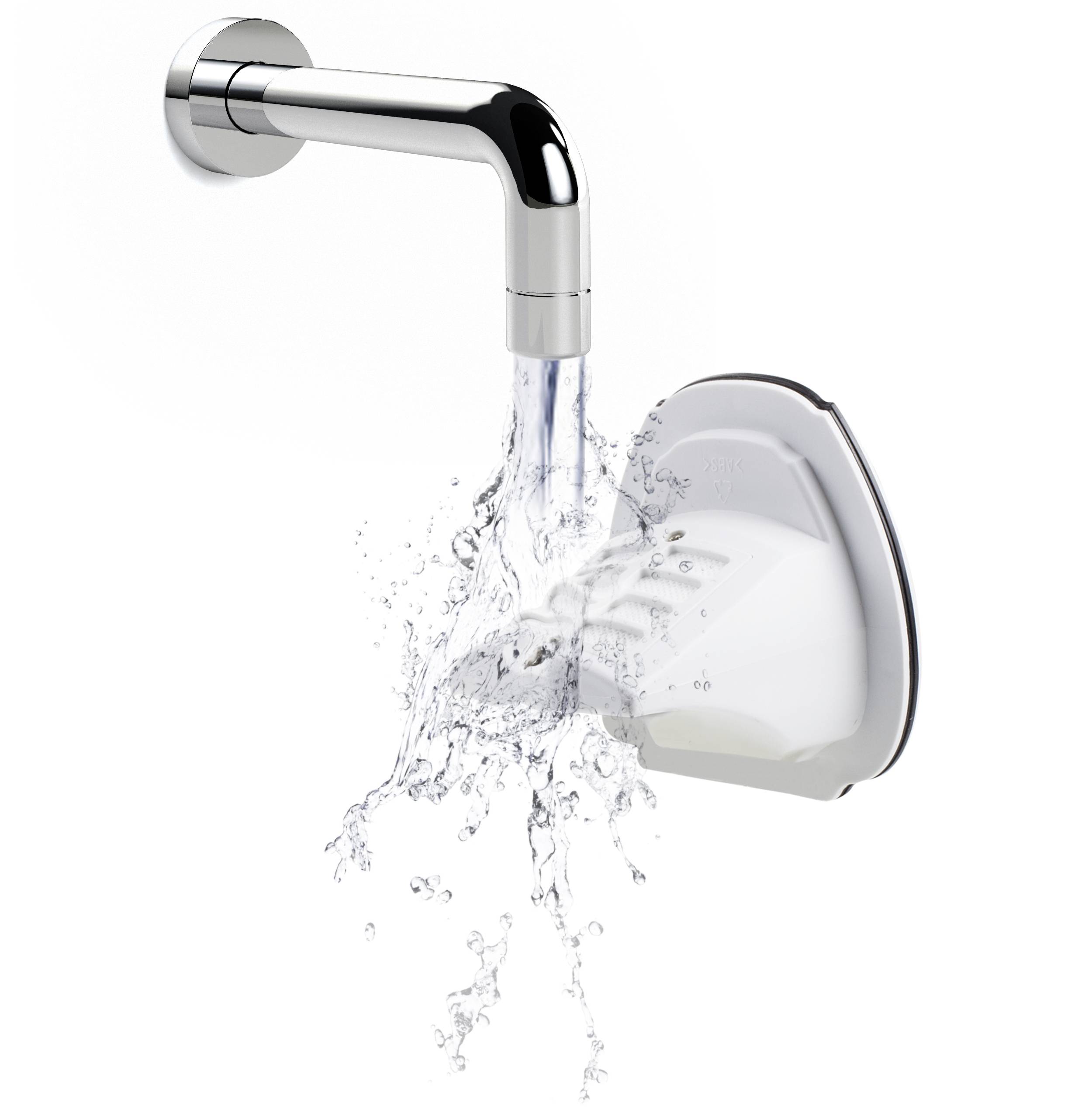 A modern shower head, from which water is flowing. The shower head is silver-coloured and mounted on a wall.