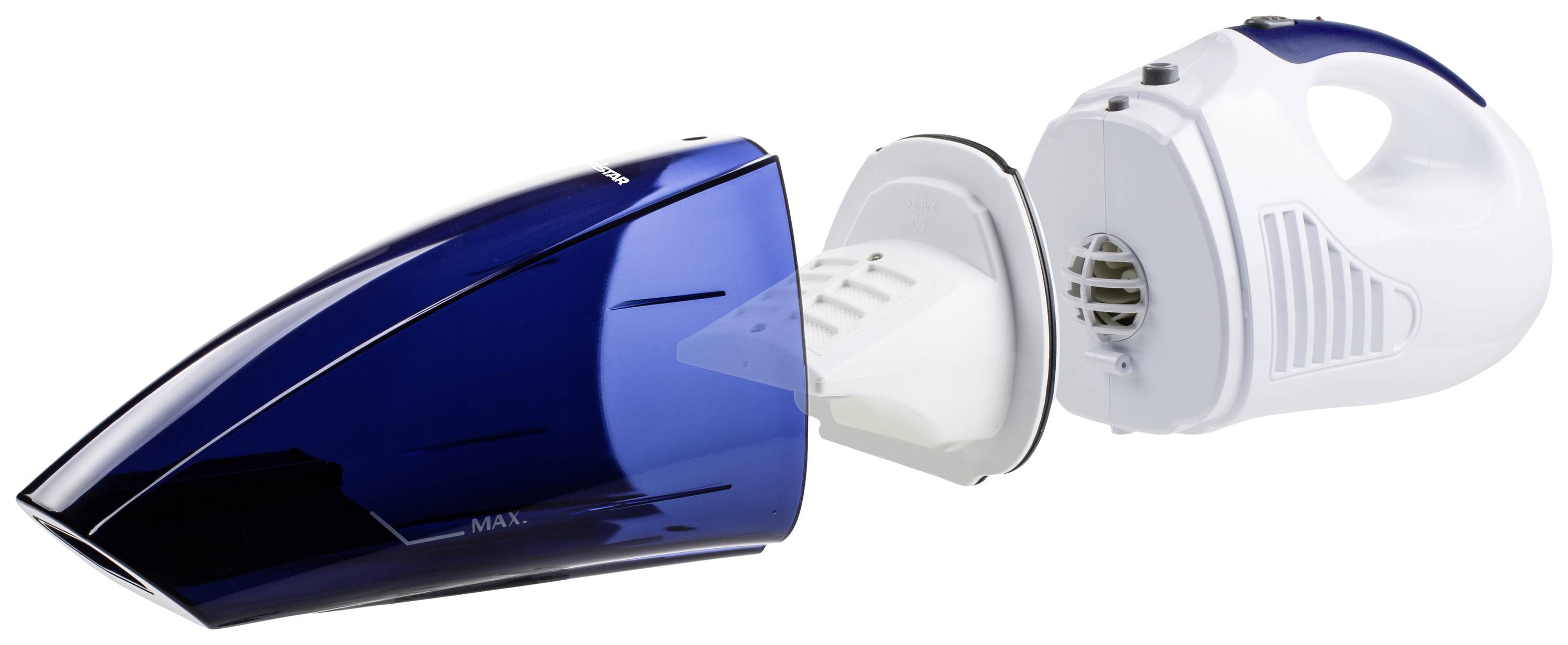 A portable, blue handheld vacuum cleaner, partially dismantled, reveals its filter system and removable dust container.