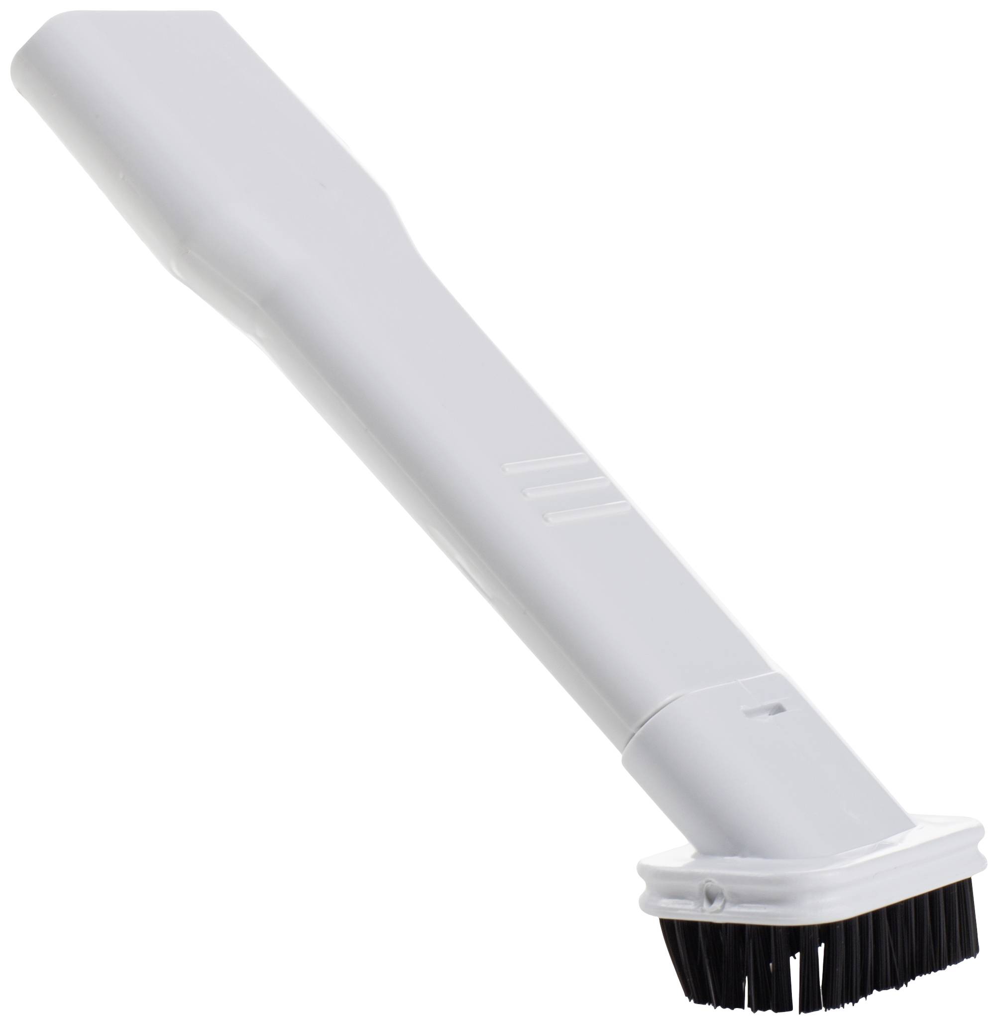 Grey vacuum cleaner nozzle with brush attachment for hard-to-reach areas, used for cleaning corners and narrow spaces.