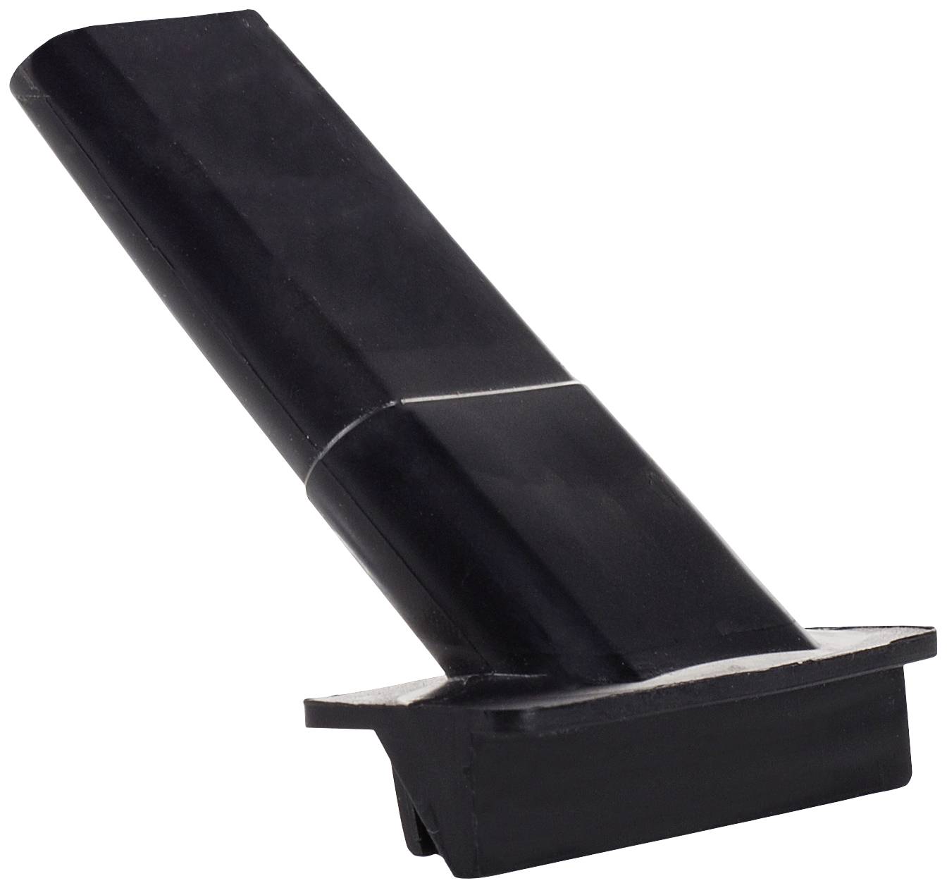 A black, angled plastic component with a flat base and rectangular cross-section.