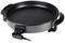 Round electric frying pan with two handles and a temperature control on the side. Suitable for cooking on a flame or hob.