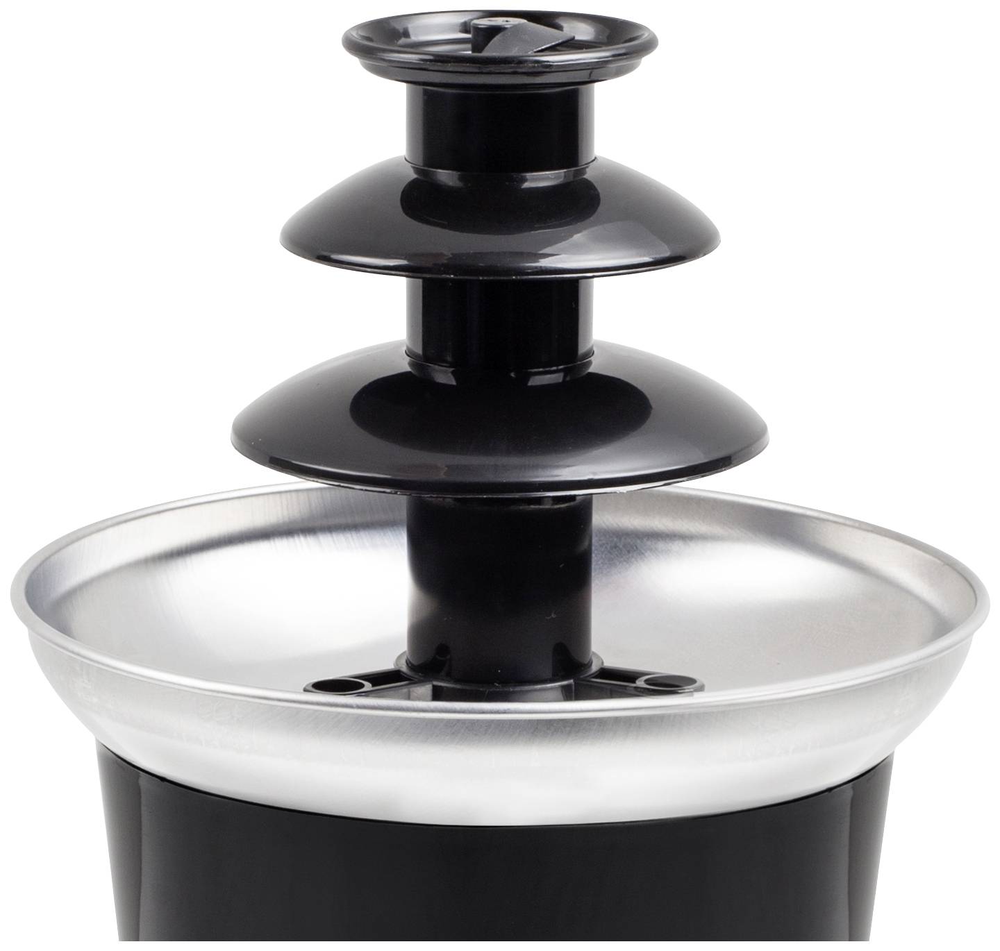'Three-tier chocolate fountain made of black plastic and stainless steel, perfect for desserts and buffet presentations.'