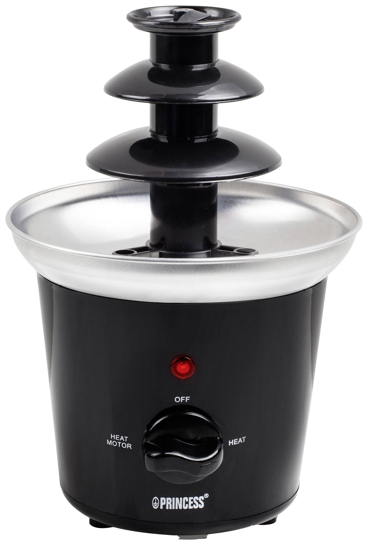 Chocolate fountain with three tiers, black and silver. Heating and motor controls on the front, marked with 'PRINCESS'.