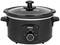 A black electric slow cooker with a button at the front for temperature settings, labelled 'Low', 'High' and 'Warm'.