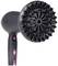 A black hairdryer with a diffuser attachment and pink control buttons. Suitable for styling curly hair.