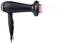 'Black hairdryer viewed from the side, airflow with pink effects. Cable hanging downwards. Buttons on the handle visible.'