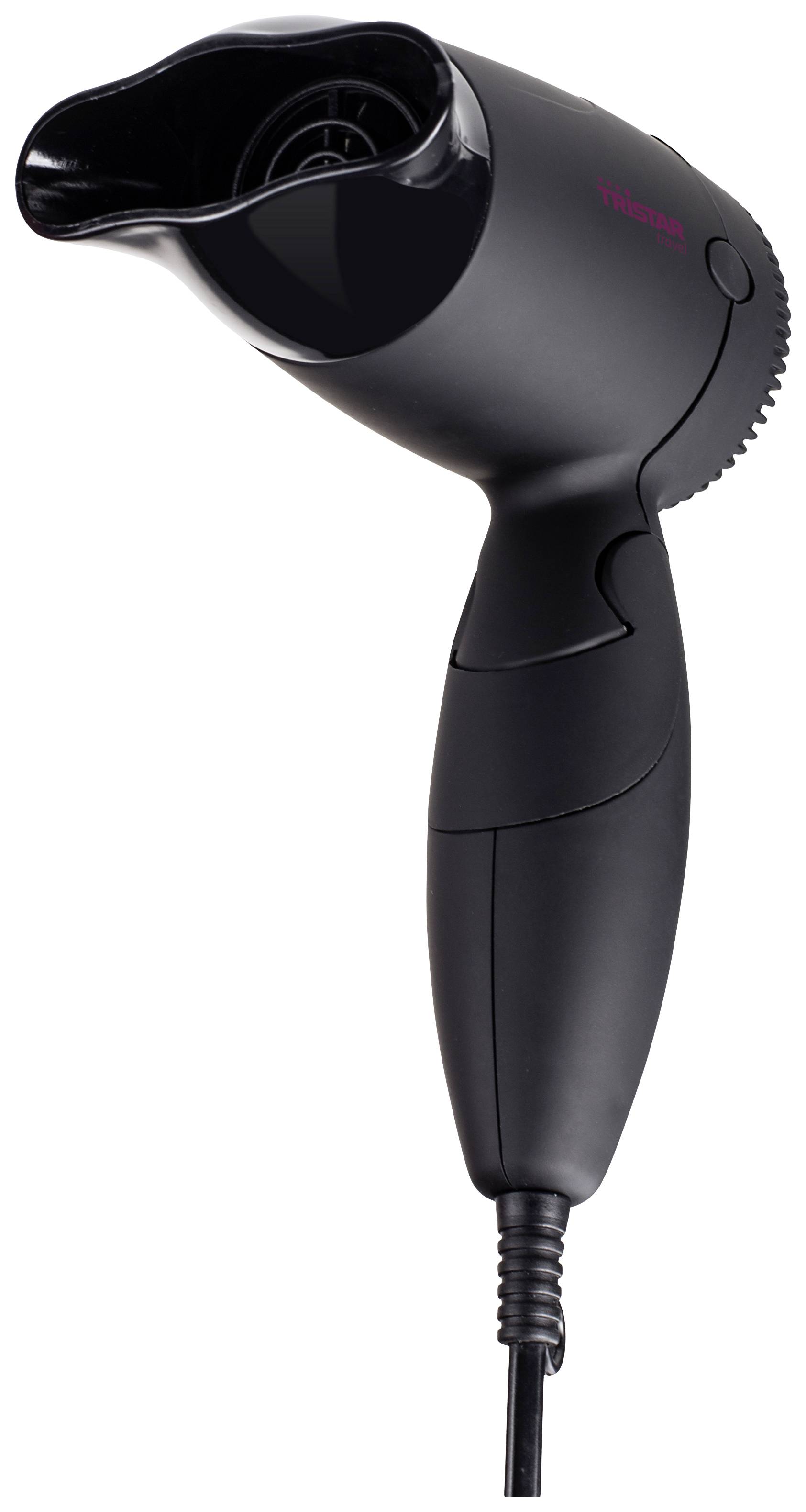Black hand hairdryer in profile view, showing the cable at the bottom and the nozzle at the top. Brand is visible on the handle.