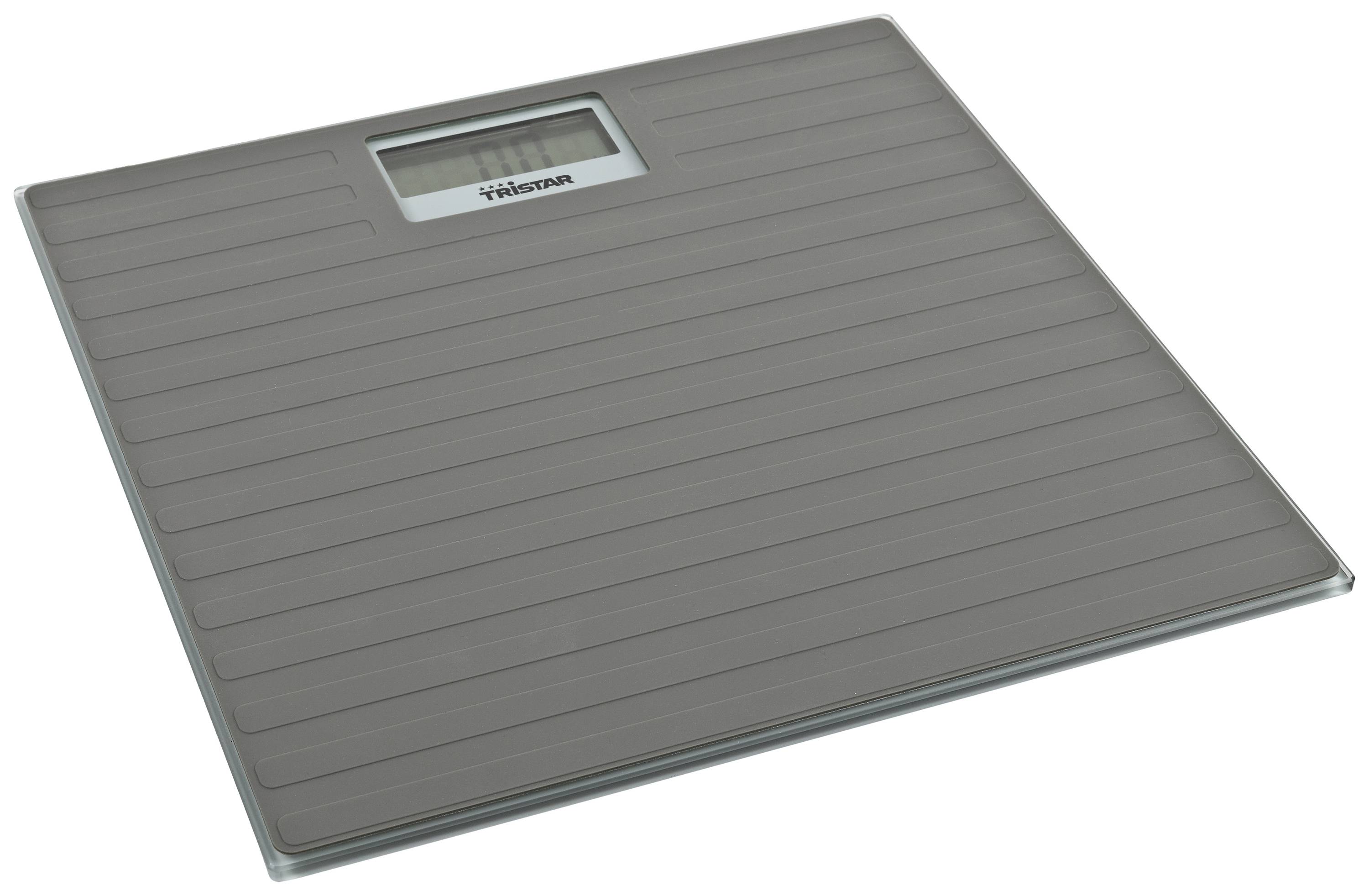 Digital bathroom scales with a grey rectangular design and a small display for weight indication.