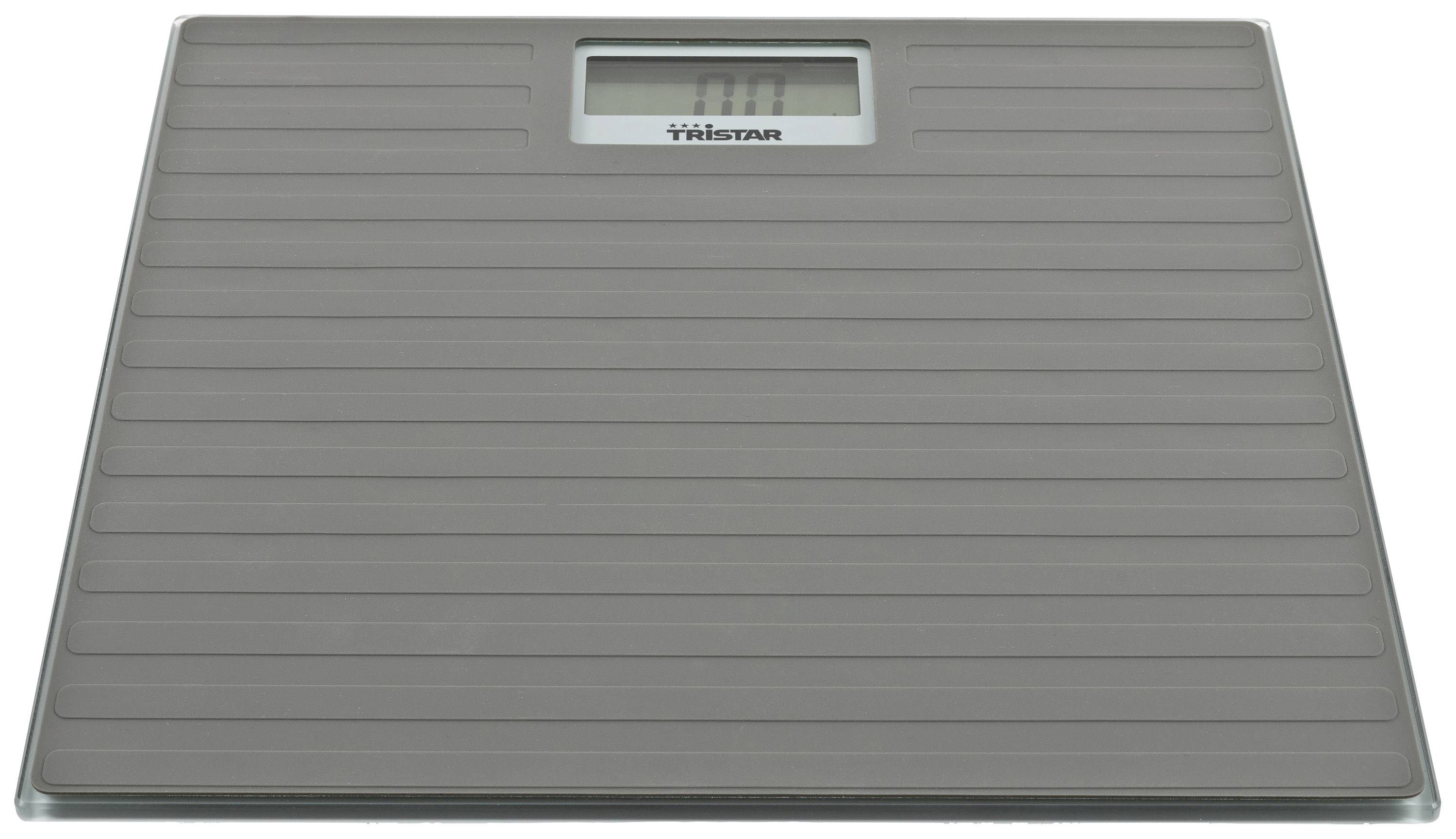 A grey, digital bathroom scale with a textured surface and a display for showing weight.