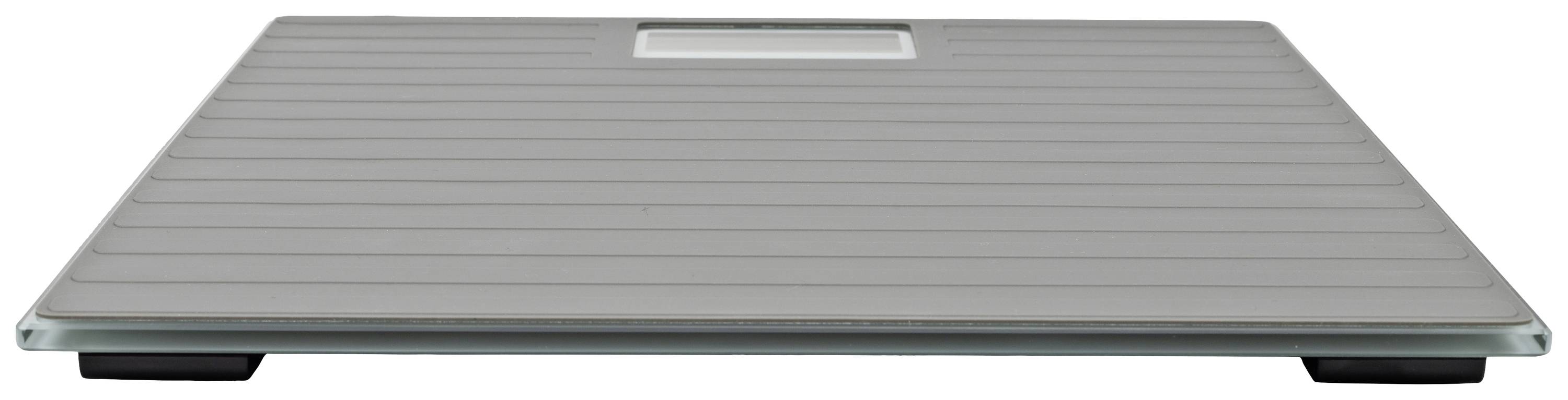 Grey digital weighing scales on a white surface, front view.