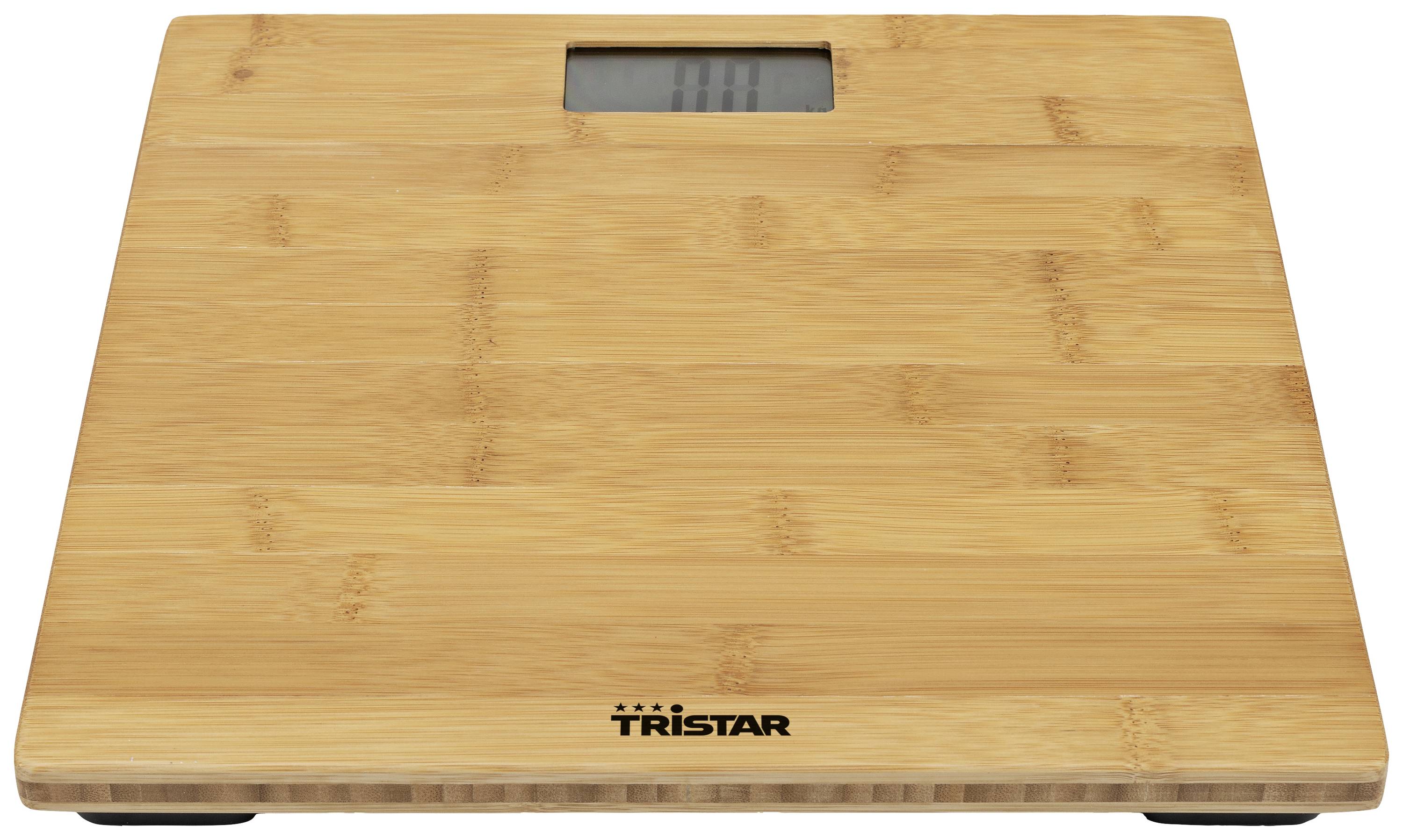 Digital bathroom scales with a bamboo surface, rectangular in shape, and a digital display at the top.
