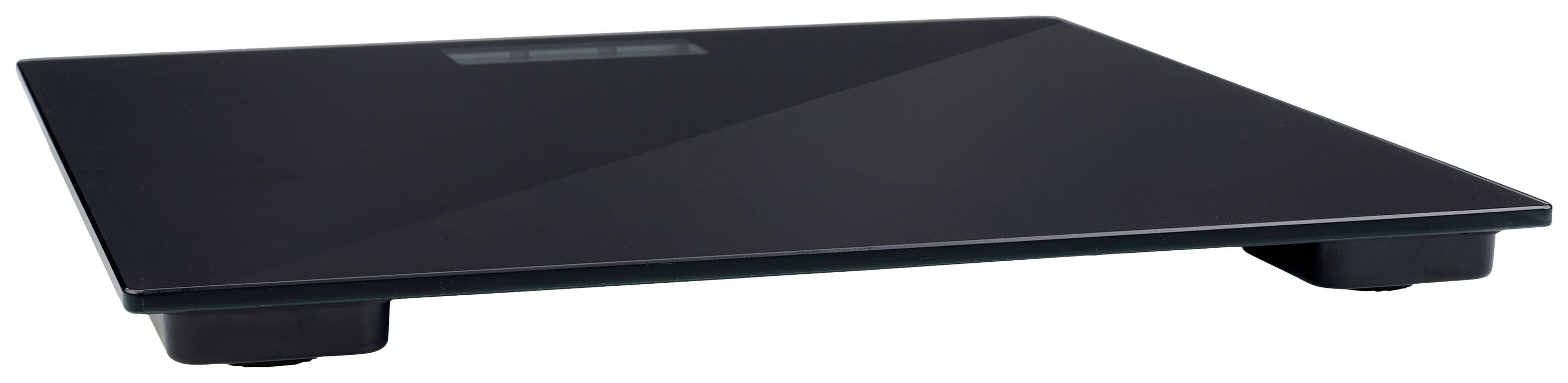 Black digital personal weighing scale with glass surface and four feet. Correspondingly understated, modern design.