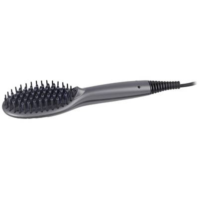 An electric hair straightening brush with black bristles and an ergonomic handle, perfect for smoothing hair.