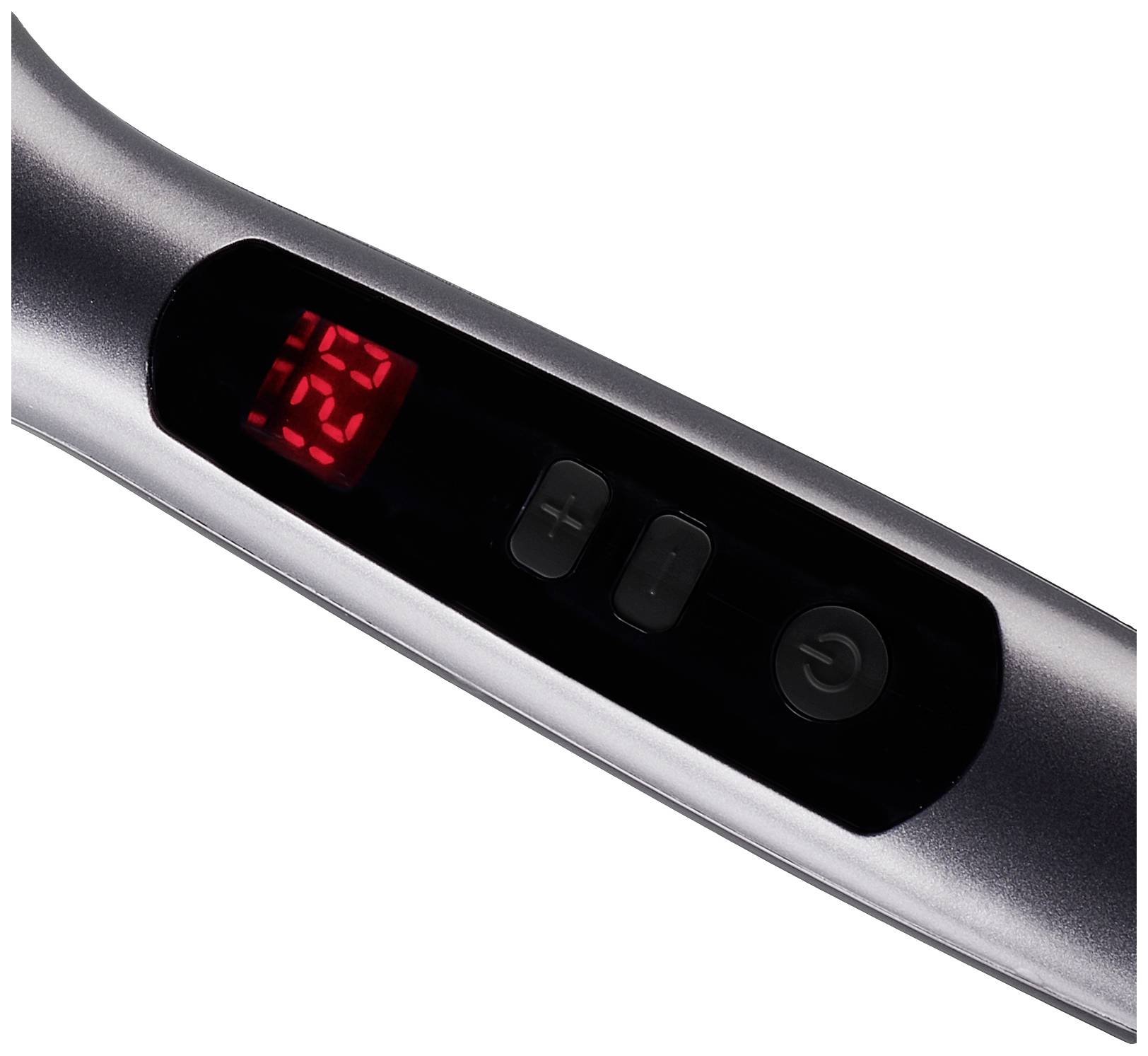 Digital display and buttons on a modern device. The display shows '12'. There are three buttons: '+', '-', and a power on/off button.