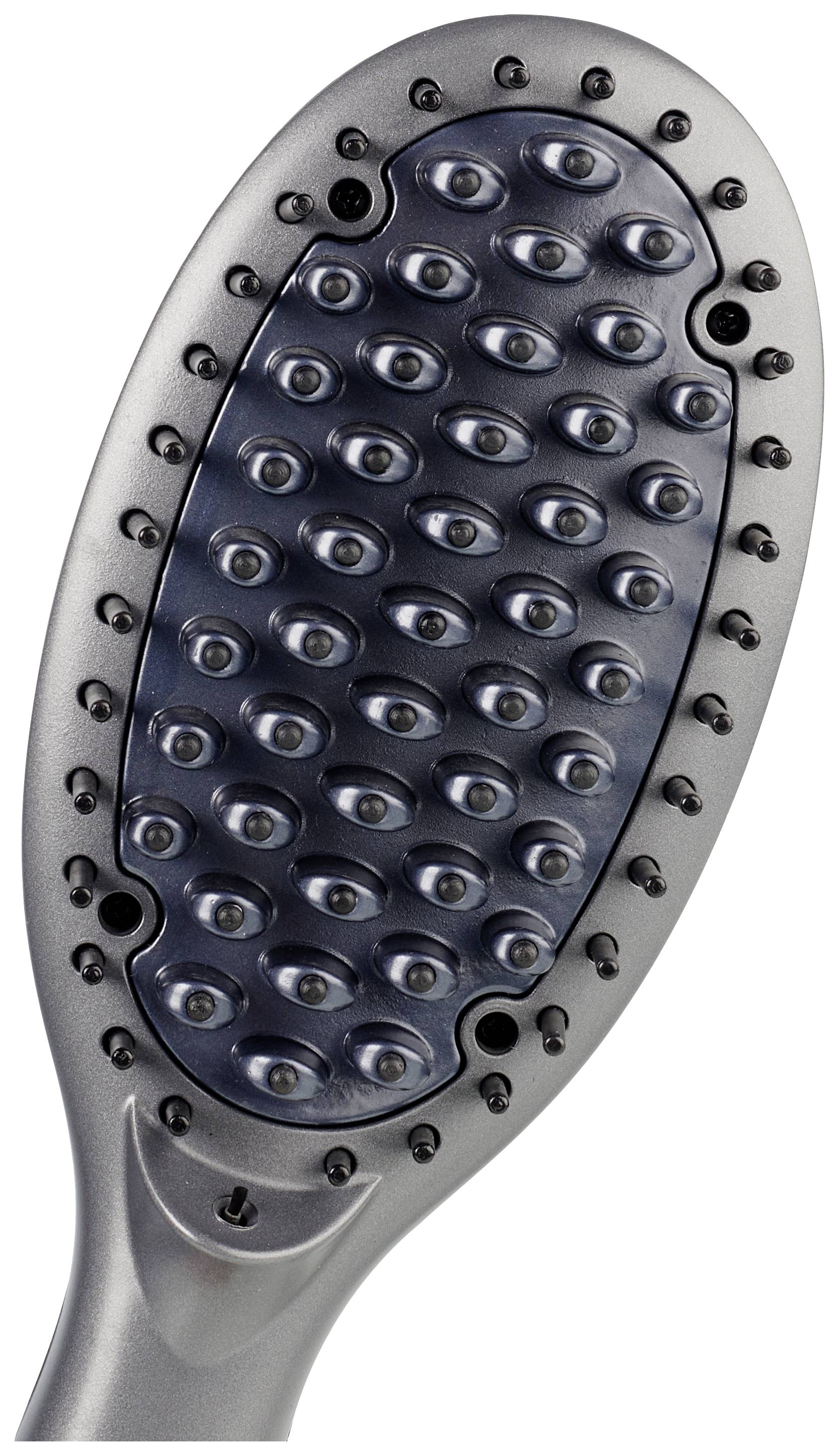 Silver metal brush with round bristles, used for cleaning surfaces or fabrics.