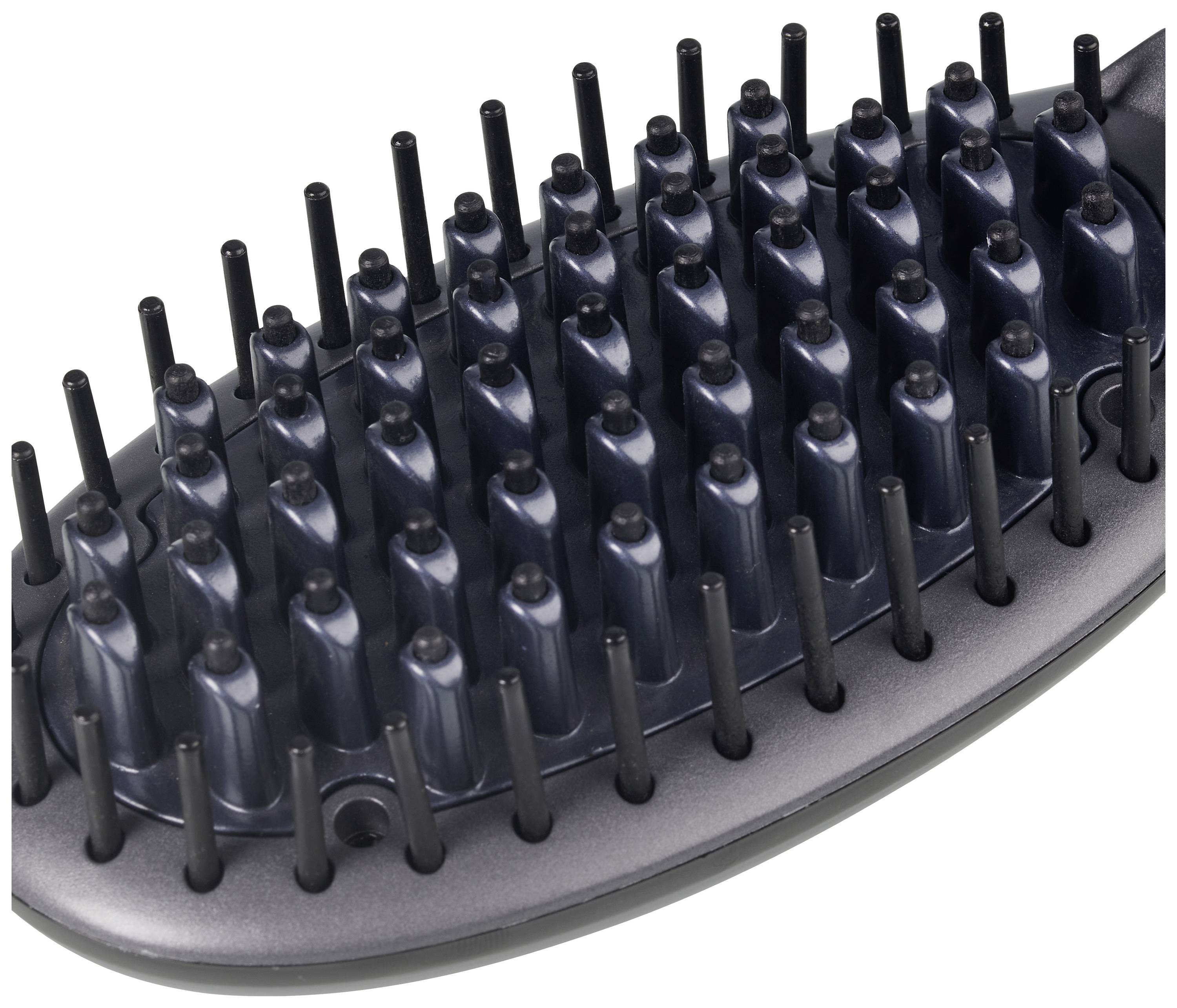 Black hair straightening brush with multiple bristles; top view shows curved, dense arrangement.