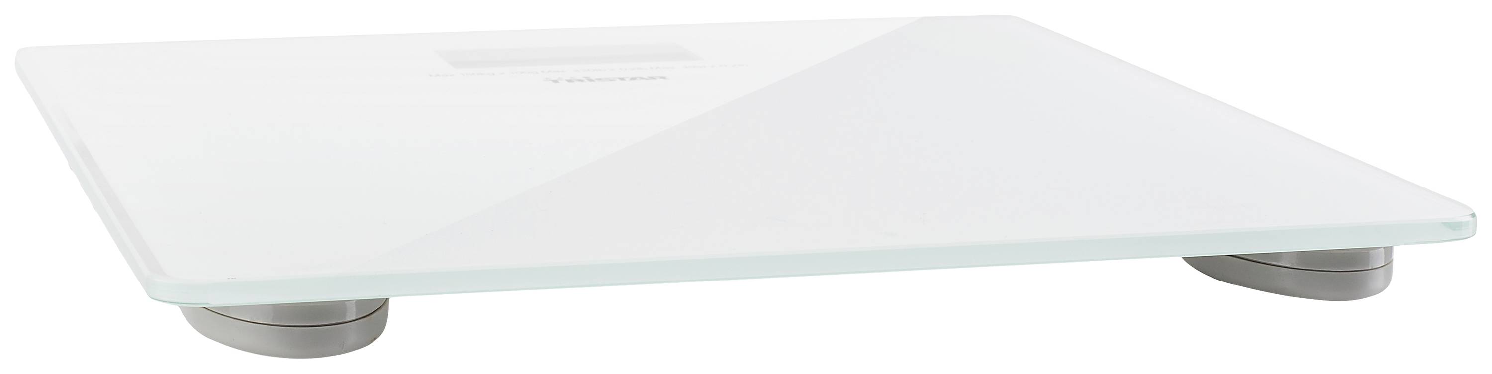White digital personal weighing scale with glass surface and silver stand feet.