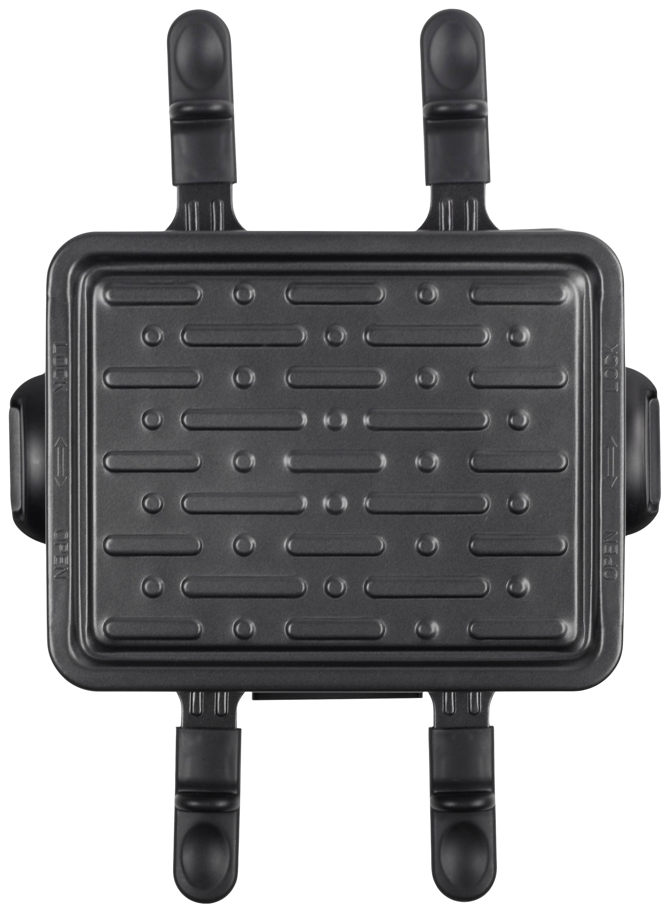 A rectangular, black waffle iron insert with raised patterns and four handles on the sides, viewed from a bird's-eye perspective.