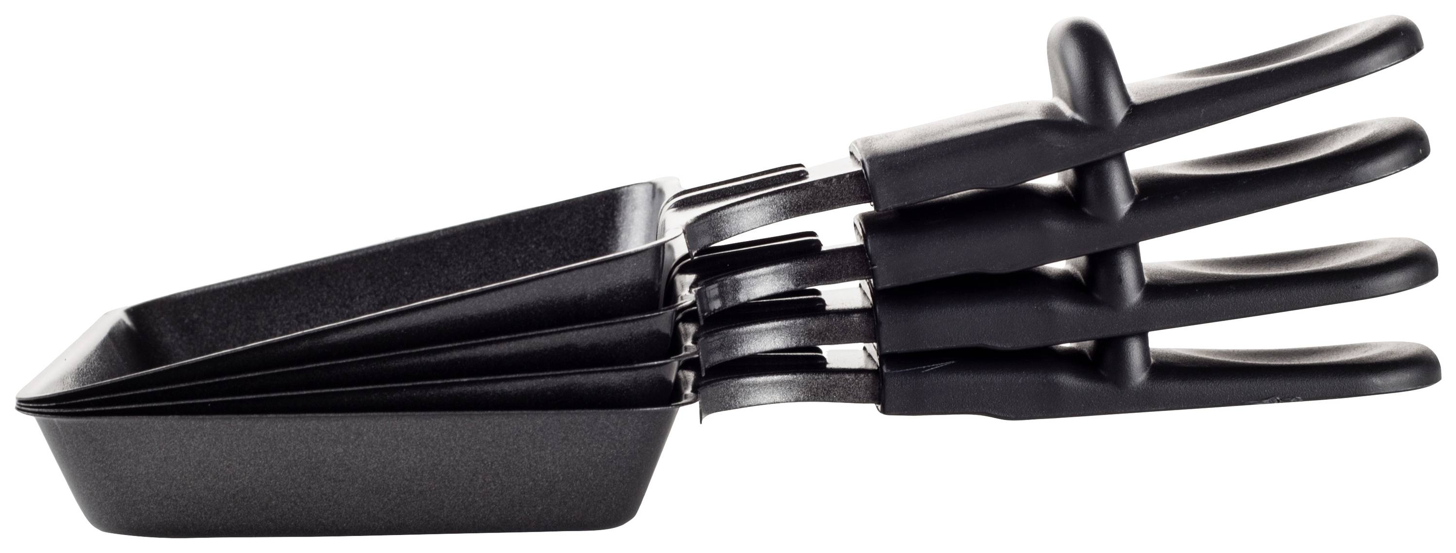 Five stacked, rectangular frying pans with black plastic handles. The pans are made of metal and designed for use in the kitchen.
