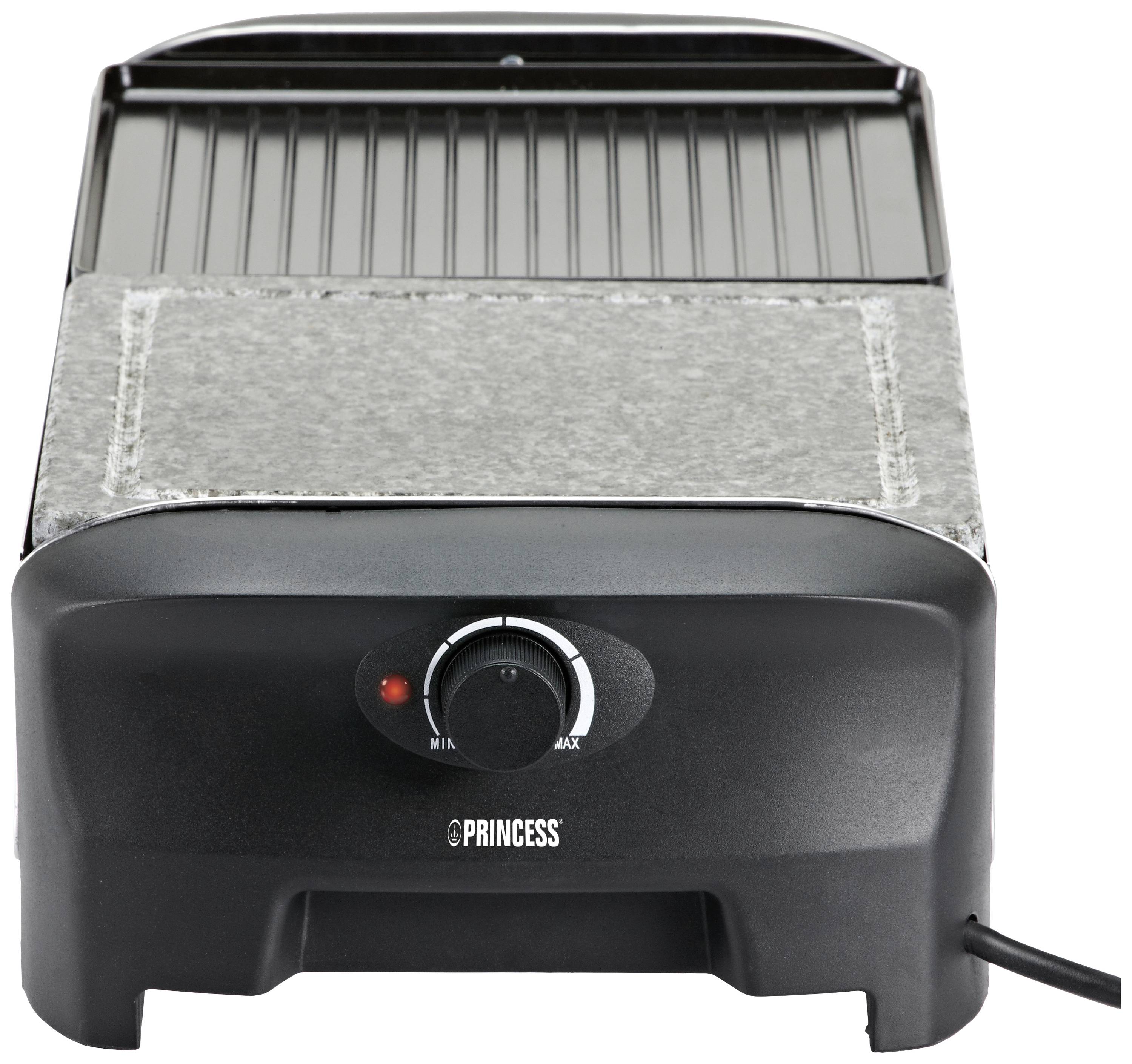Electric grill with ridged grill plate and temperature control on the front, suitable for indoor grilling.