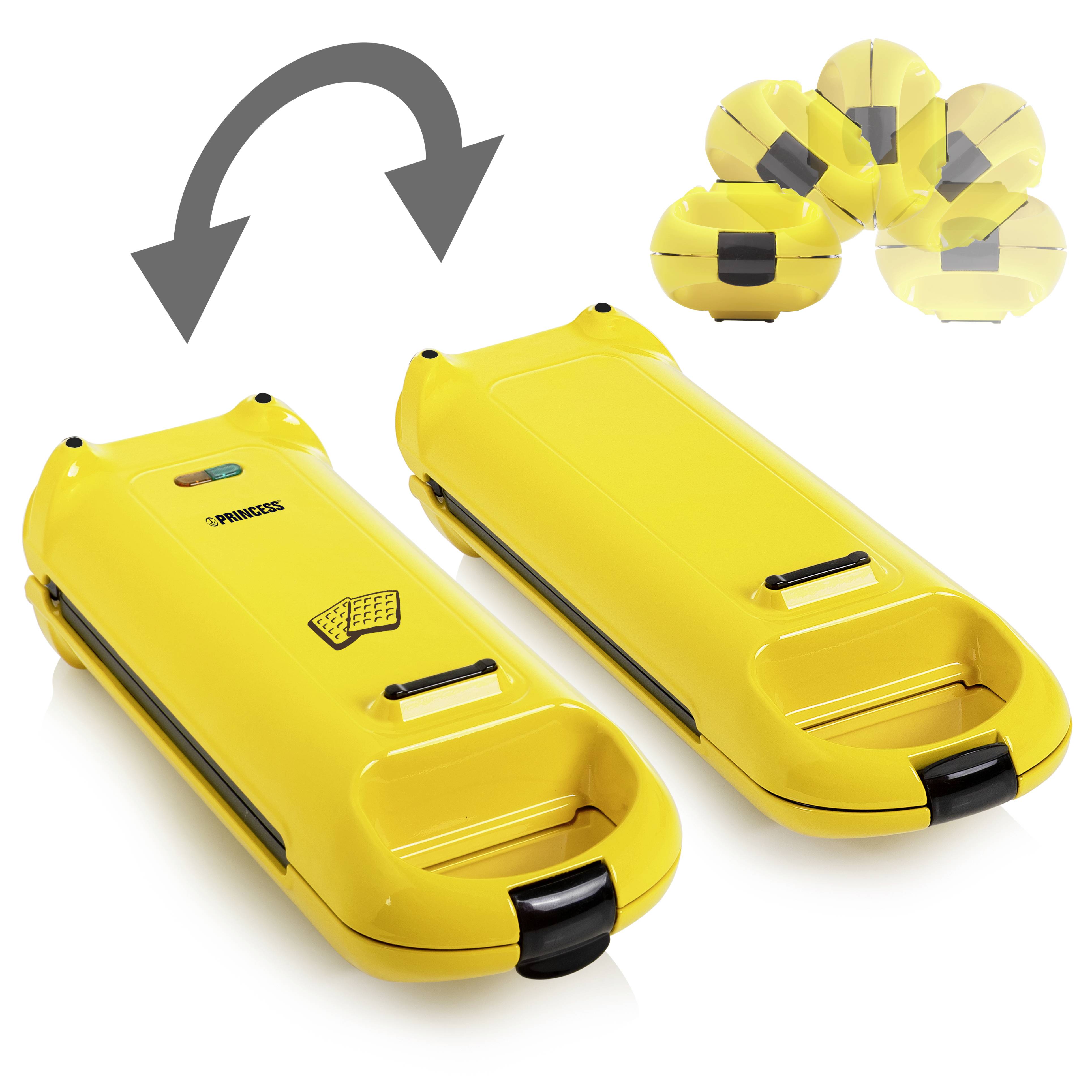 Two yellow waffle machines side by side, one open, one closed. An arrow indicates a rotational movement. Refers to operating method.