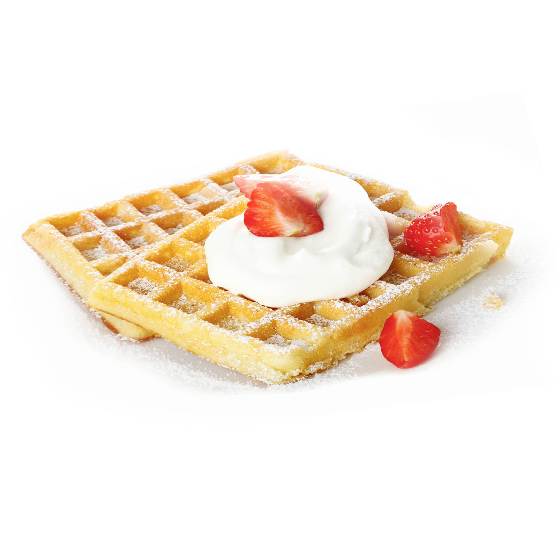 A golden-brown waffle dusted with icing sugar, garnished with a dollop of cream and fresh strawberry pieces.
