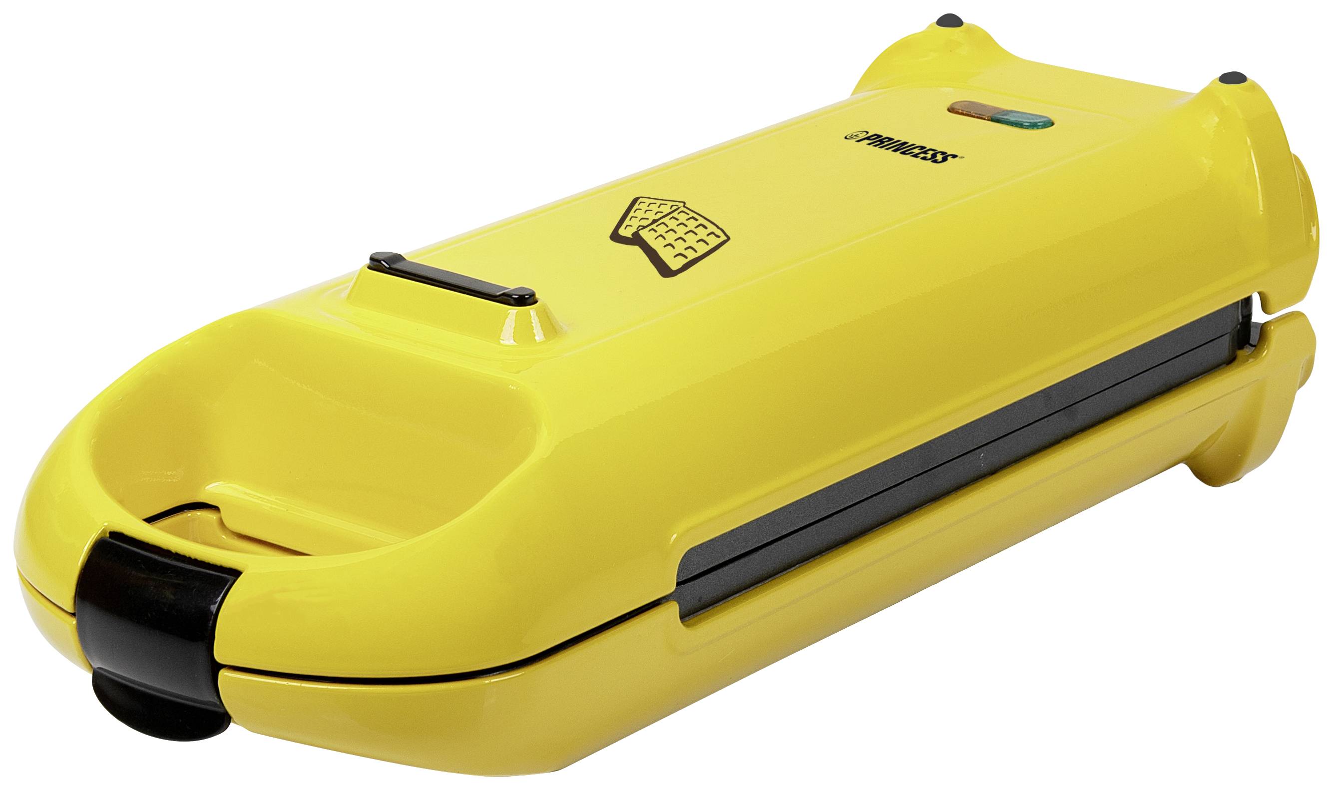 A yellow waffle maker with a symbol on its surface indicating it is used for making waffles.