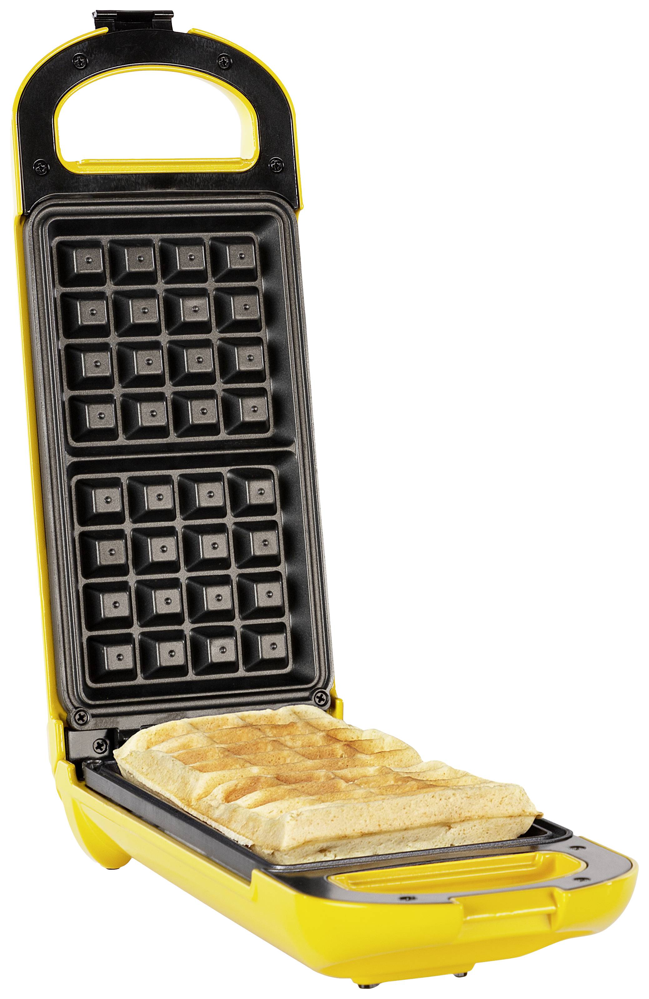 Yellow waffle iron with its lid open, displaying a freshly baked waffle on the lower heating plate.