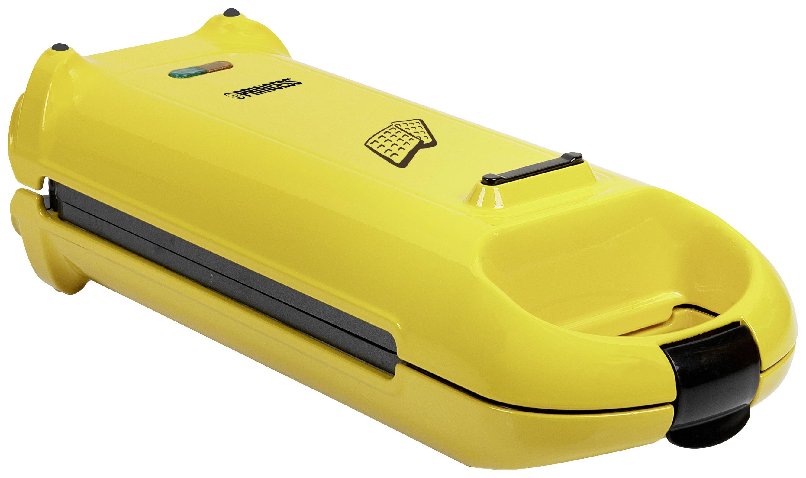 Yellow kitchen appliance, specifically a sandwich toaster, with rounded design and indicator light; suitable for toasting sandwiches.