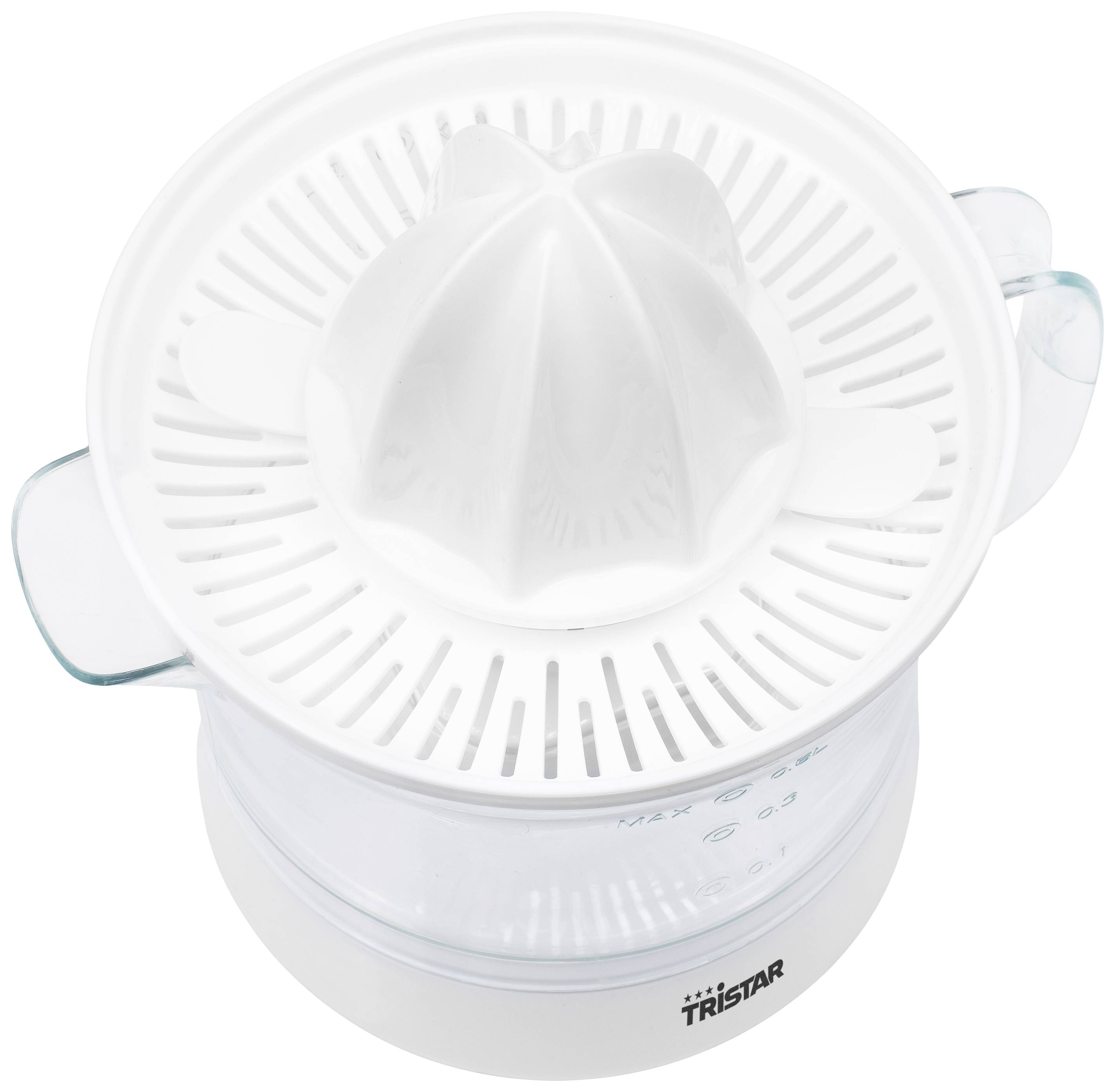 A white electric citrus juicer with a transparent container and two side handles. At the top, a conical press and a strainer are visible.
