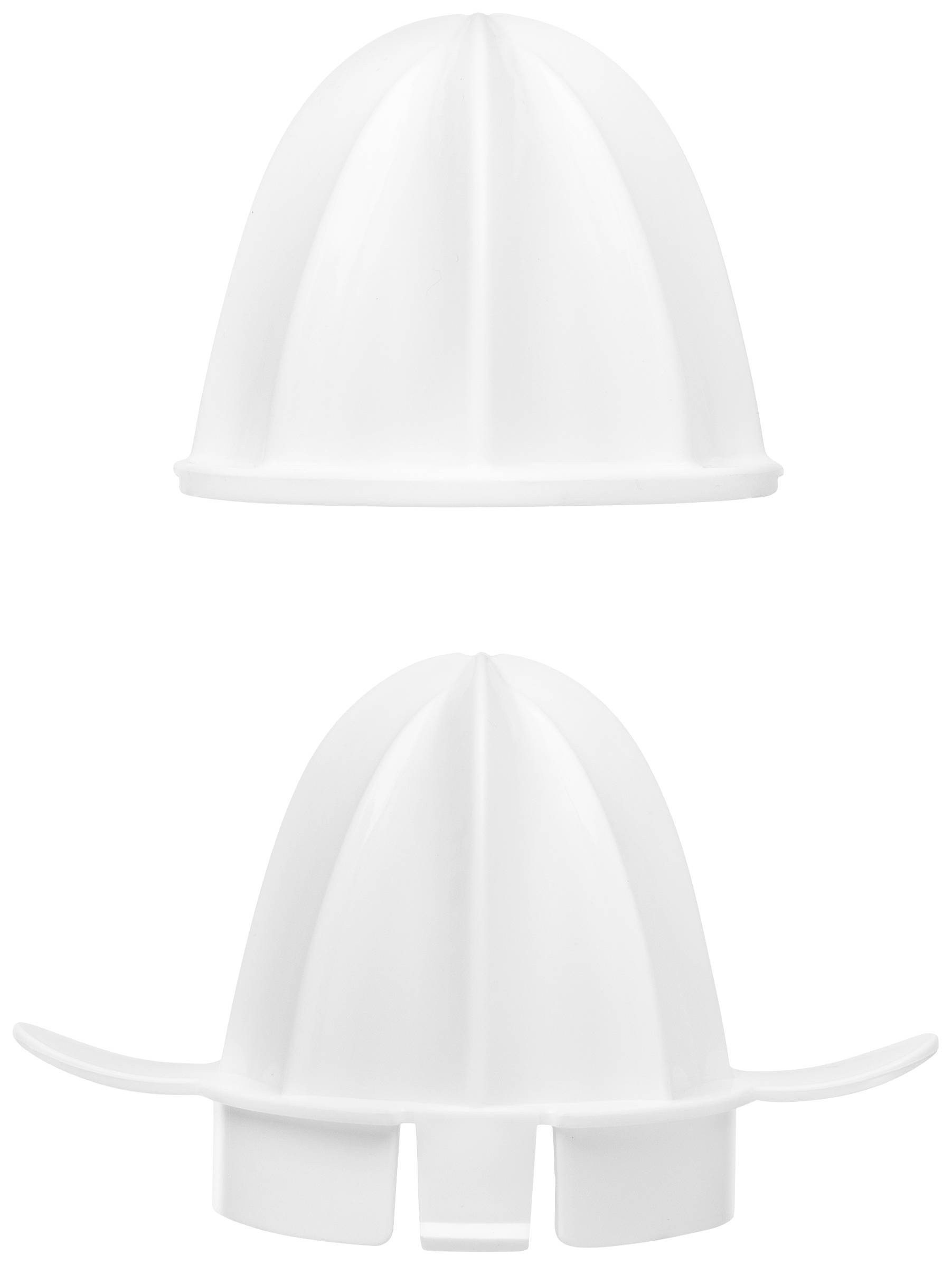 Two white citrus press cones, displayed one above the other. The upper cone shows a closed form, the lower one with side openings.