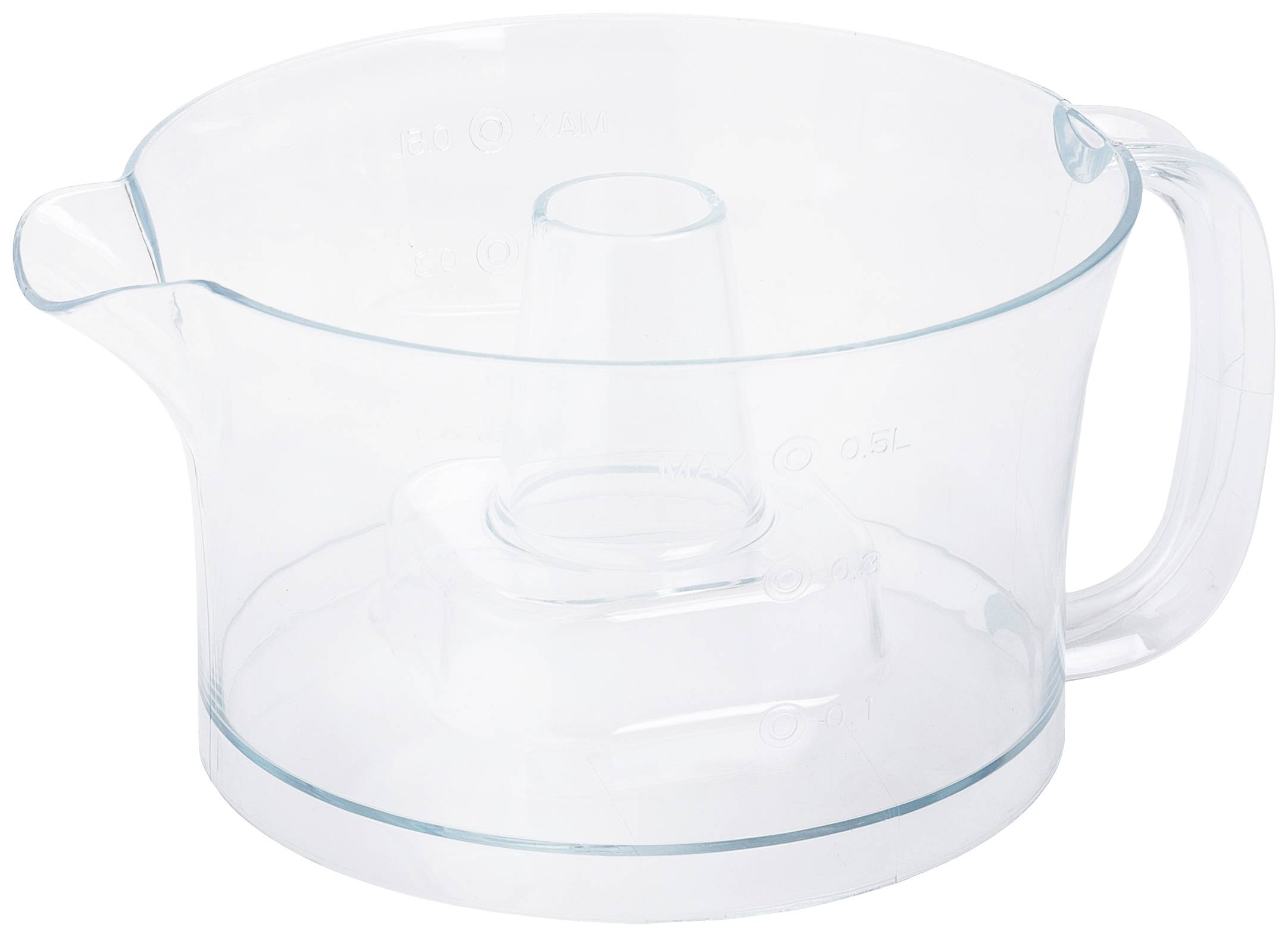 Transparent mixing bowl with handle, pouring spout and cylindrical internal ridge, suitable for kitchen mixers and baking.