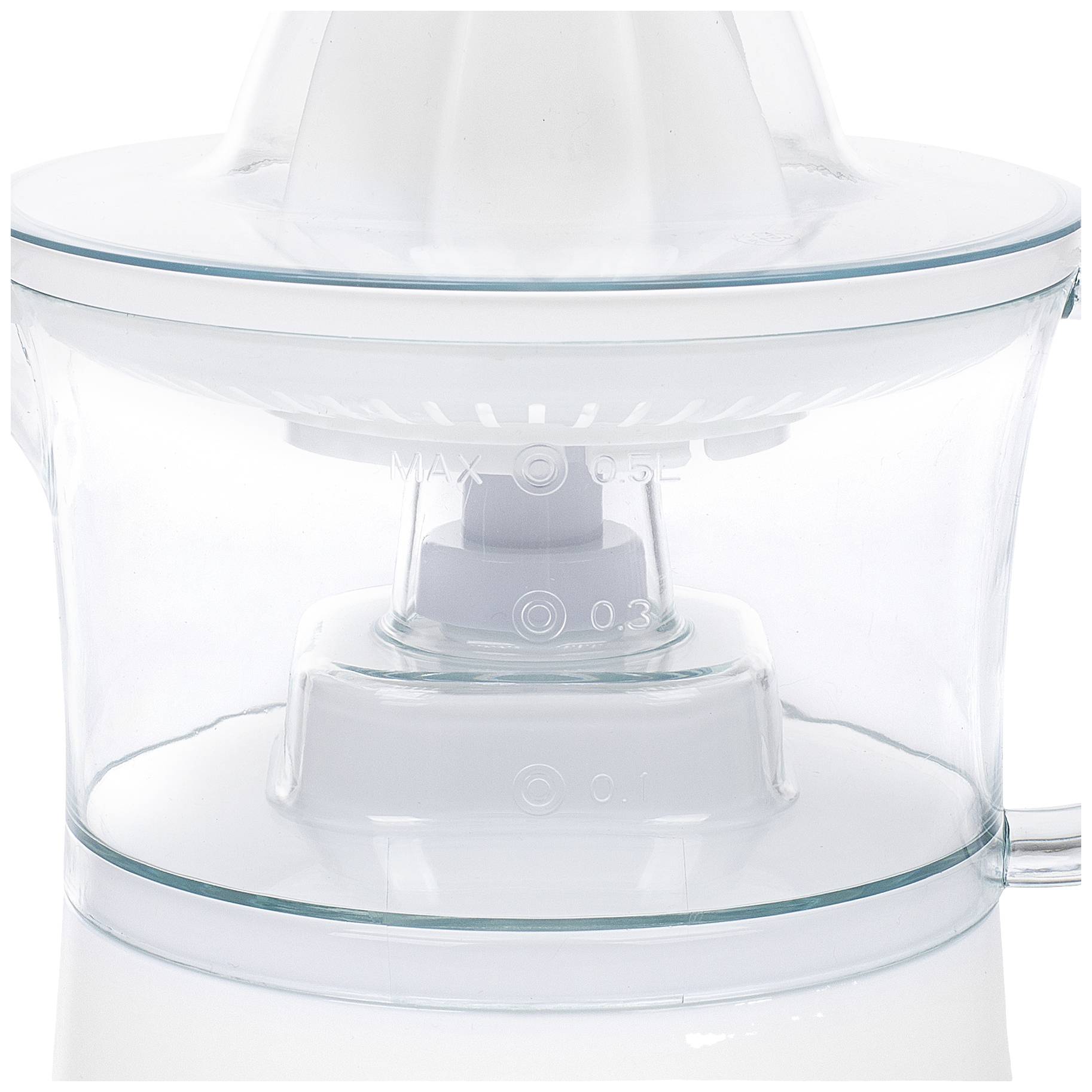 A white electric juicer with a transparent bowl and scale indicator for juice volume.