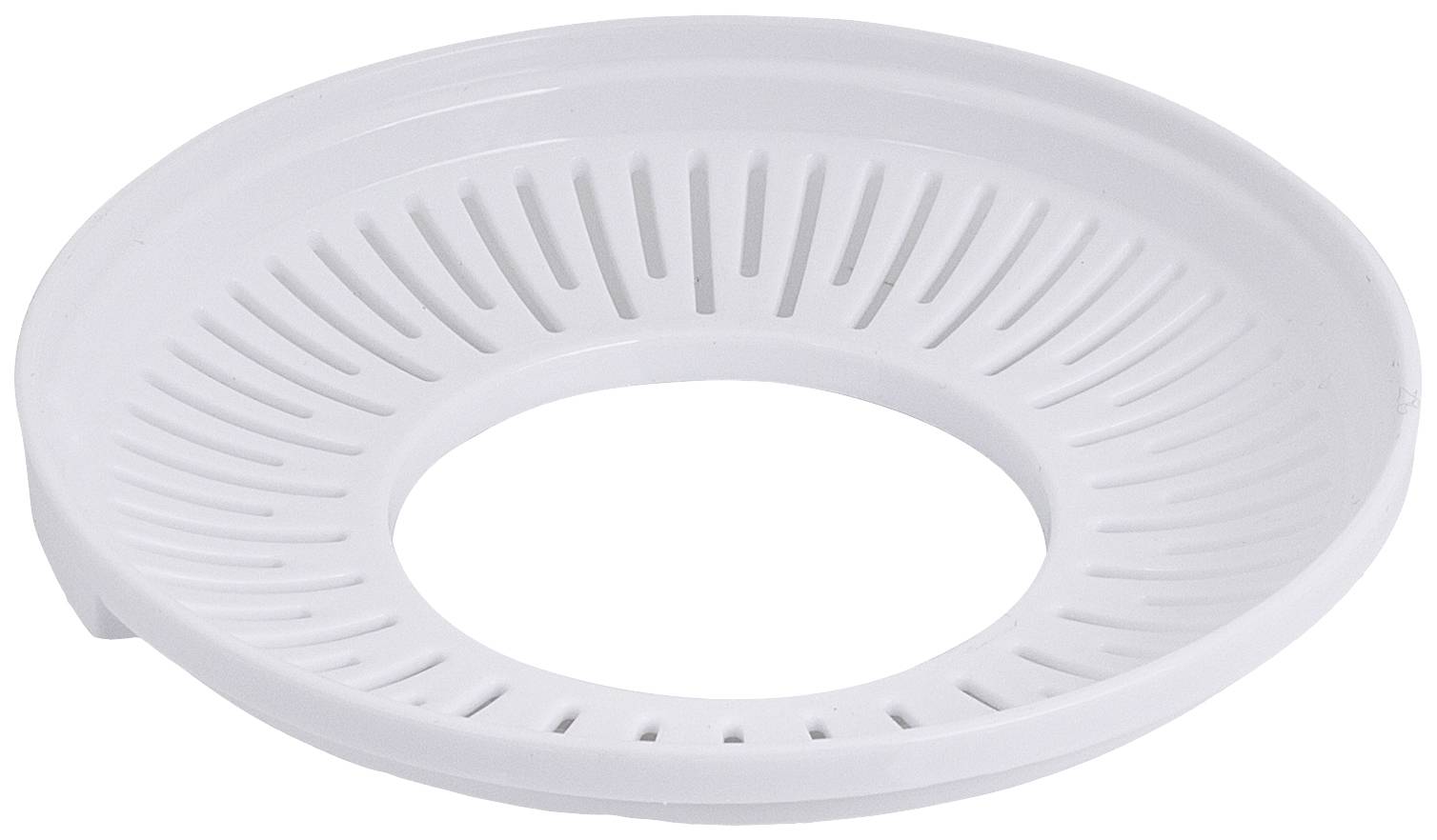 A white, round colander with slits, perfect for draining fruits and vegetables.