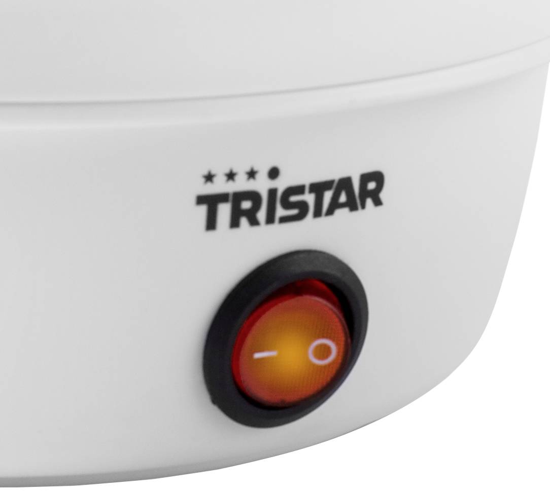 A white electrical appliance by Tristar with an illuminated red on/off switch.
