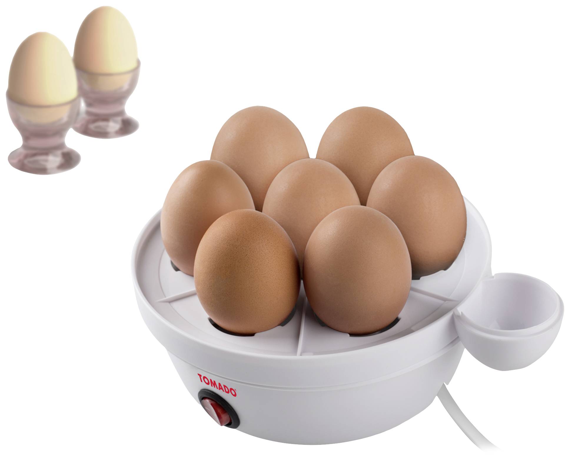 An egg cooker with six brown eggs, next to two boiled eggs in egg cups.