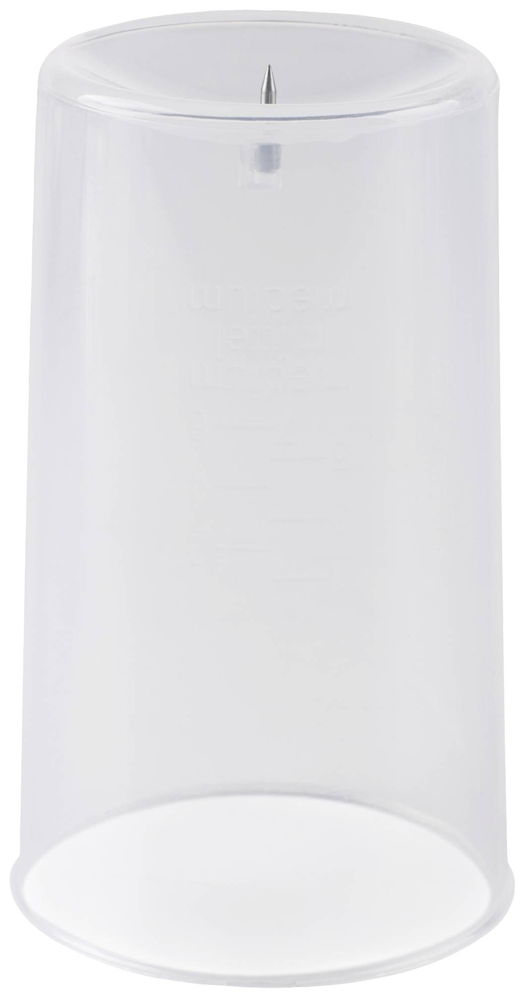 A transparent plastic cup placed on the head, with a nail fixed in the centre of the base.