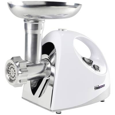 Electric meat mincer in white and stainless steel, with attachment and switch, ideal for mincing meat.