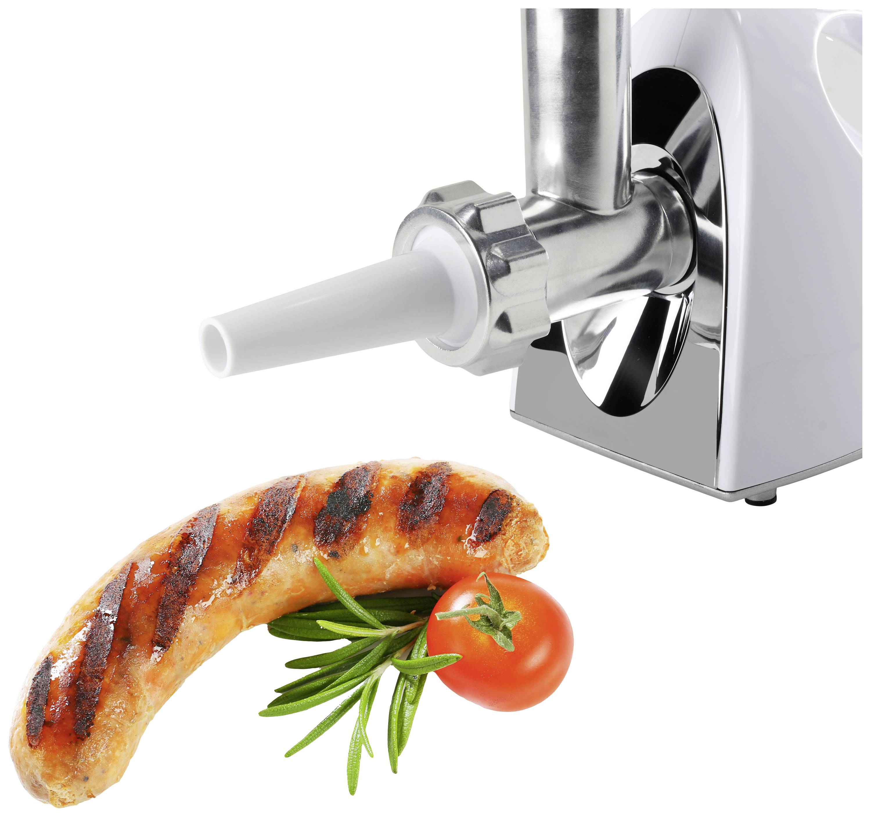 Electric meat grinder with attachment, grilled sausage, rosemary sprig and tomato in the foreground.