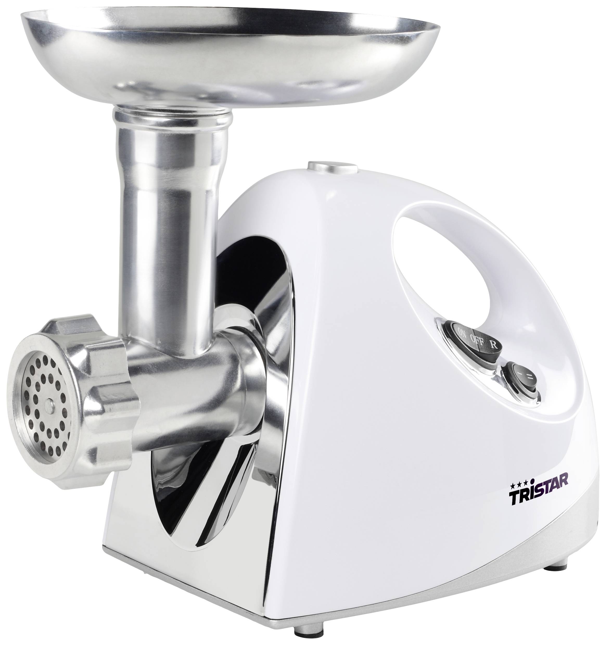 Electric meat mincer in white with silver metal parts, brand name 'Tristar' visible on the side.
