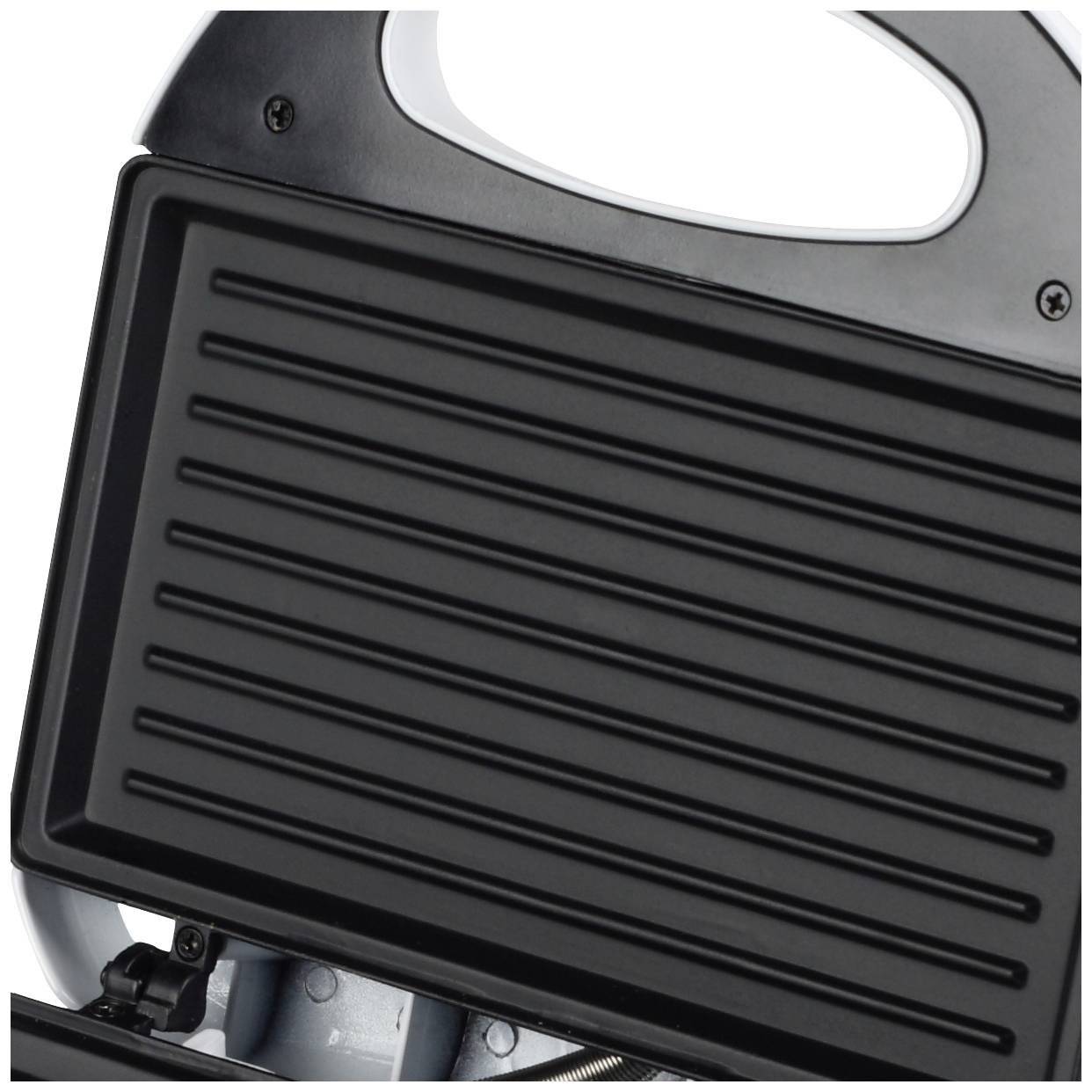 An open panini grill with ridged griddle plate, suitable for preparing sandwiches or paninis.
