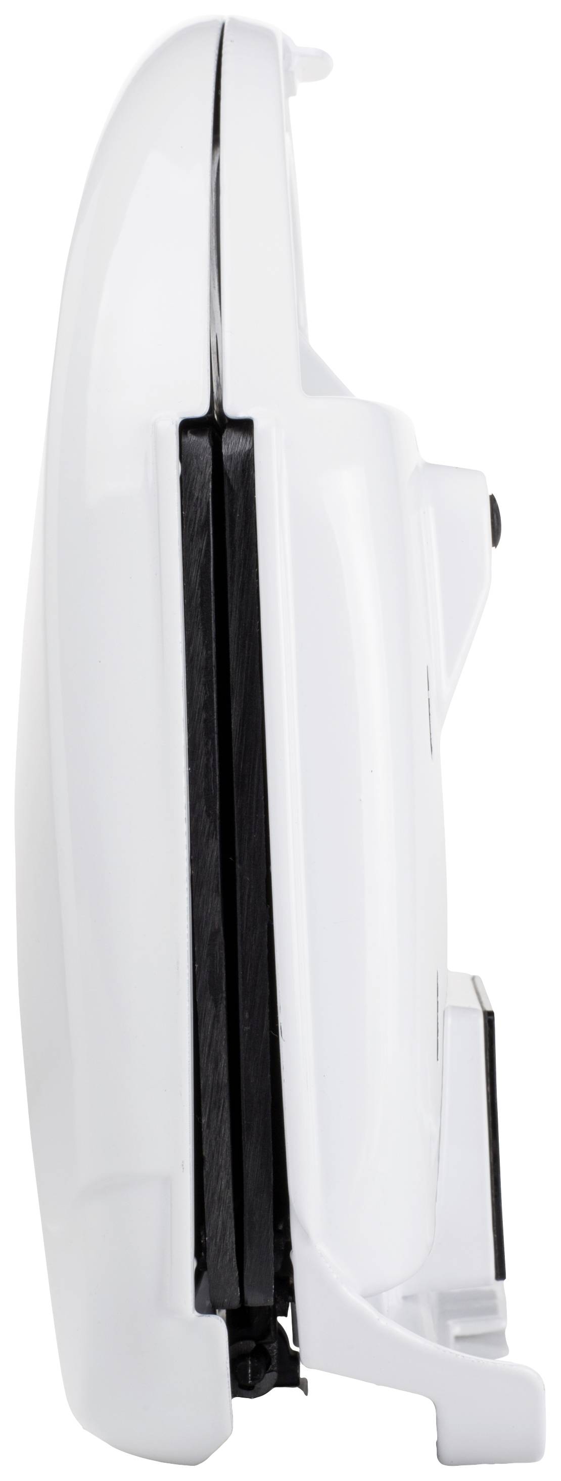 Electric contact grill device in side view. White casing with black hinge.