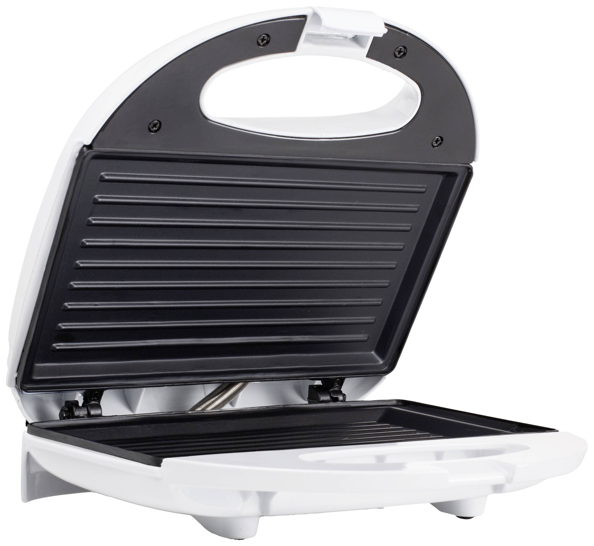 An open sandwich toaster with a ridged grill plate, ready for toasting. The appliance is white with a black interior.